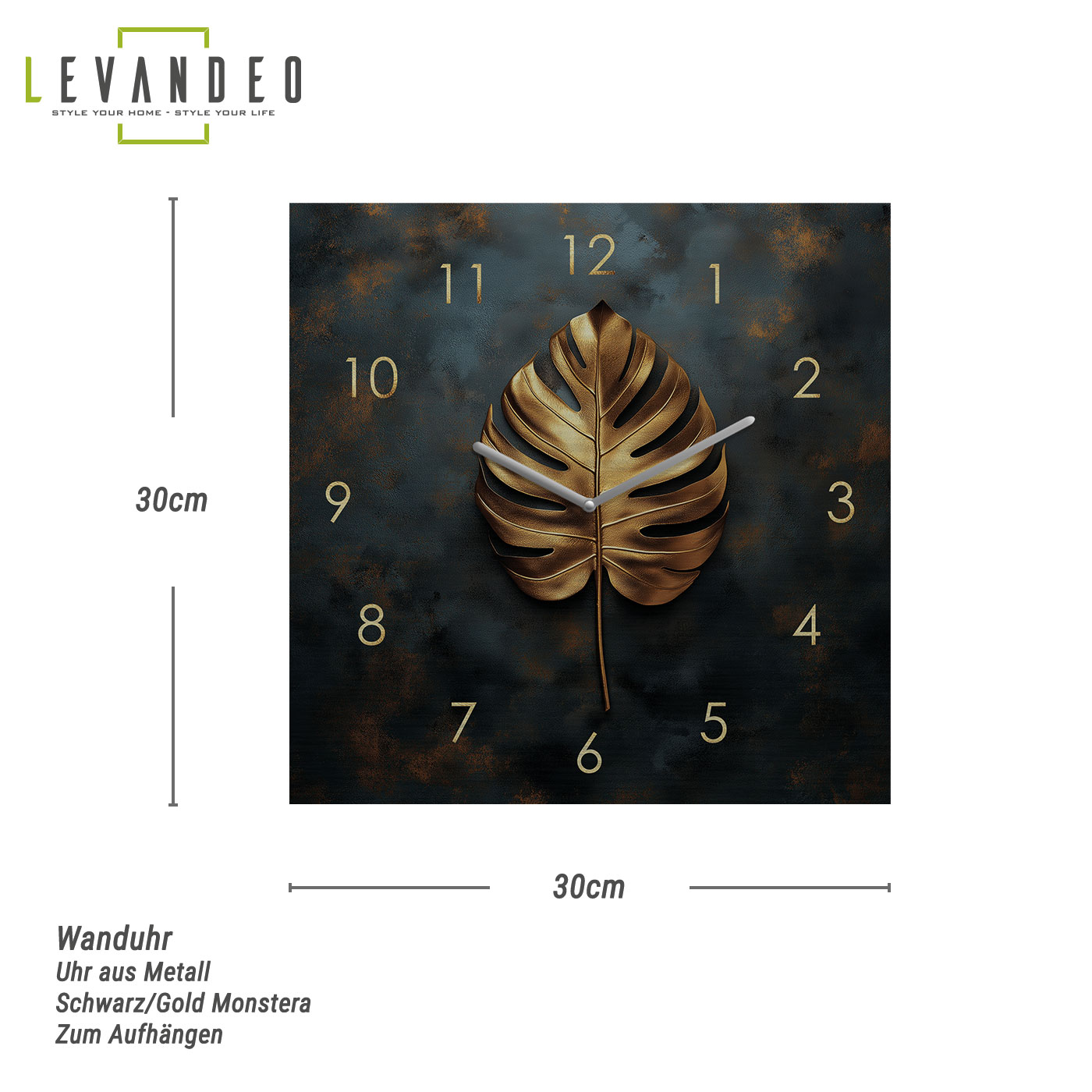 Wanduhr 30x30cm Metall Schwarz Gold Wanddeko Monstera Blatt Edel Design Metalluhr