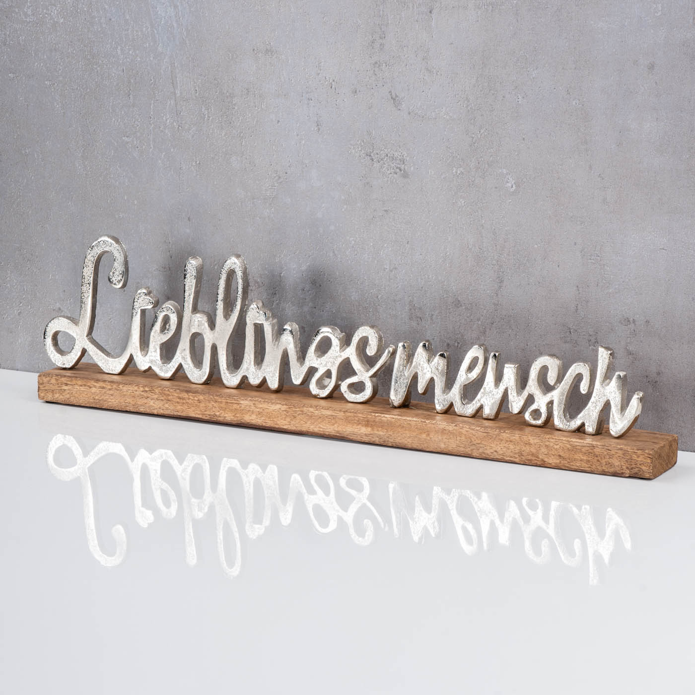 Lieblingsmensch Schriftzug L48cm Metall Mango Silber Holz Tischdeko Deko Aufsteller