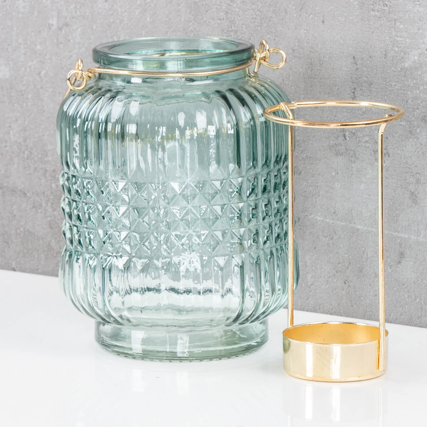 3er Set Glas Windlicht Türkis Gold H13cm Teelichthalter Kerzenhalter Tischdeko
