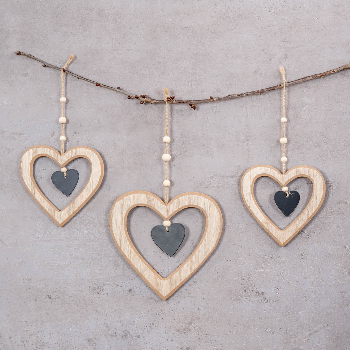 3er Set Herz Anhänger Natur Schwarz MDF Holz Metalldeko Hängedeko Frühling Deko
