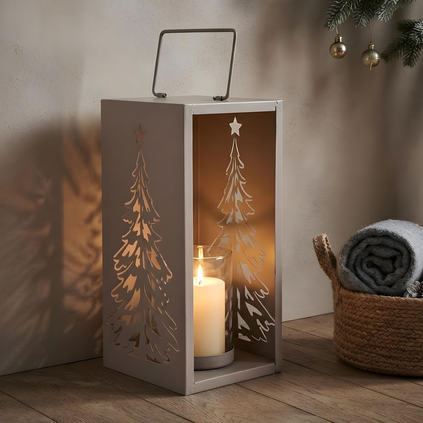 Metall Windlicht Grau H30cm Laterne Kerzenglas Weihnachten Weihnachtsdeko Baum