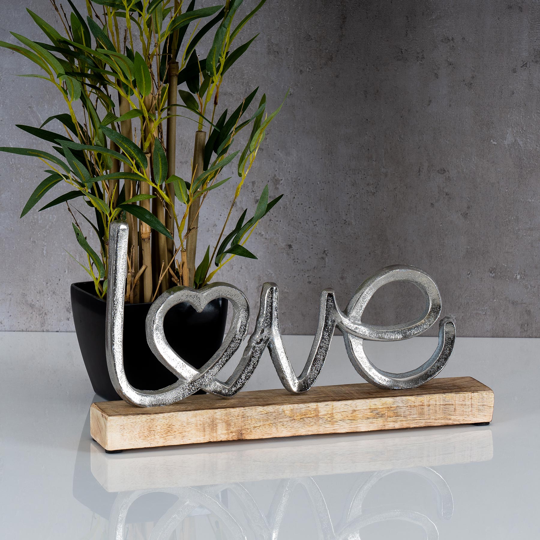 Aufsteller Mango Schriftzug Love H17cm Metall Holz Deko Mangoholz Tischdeko