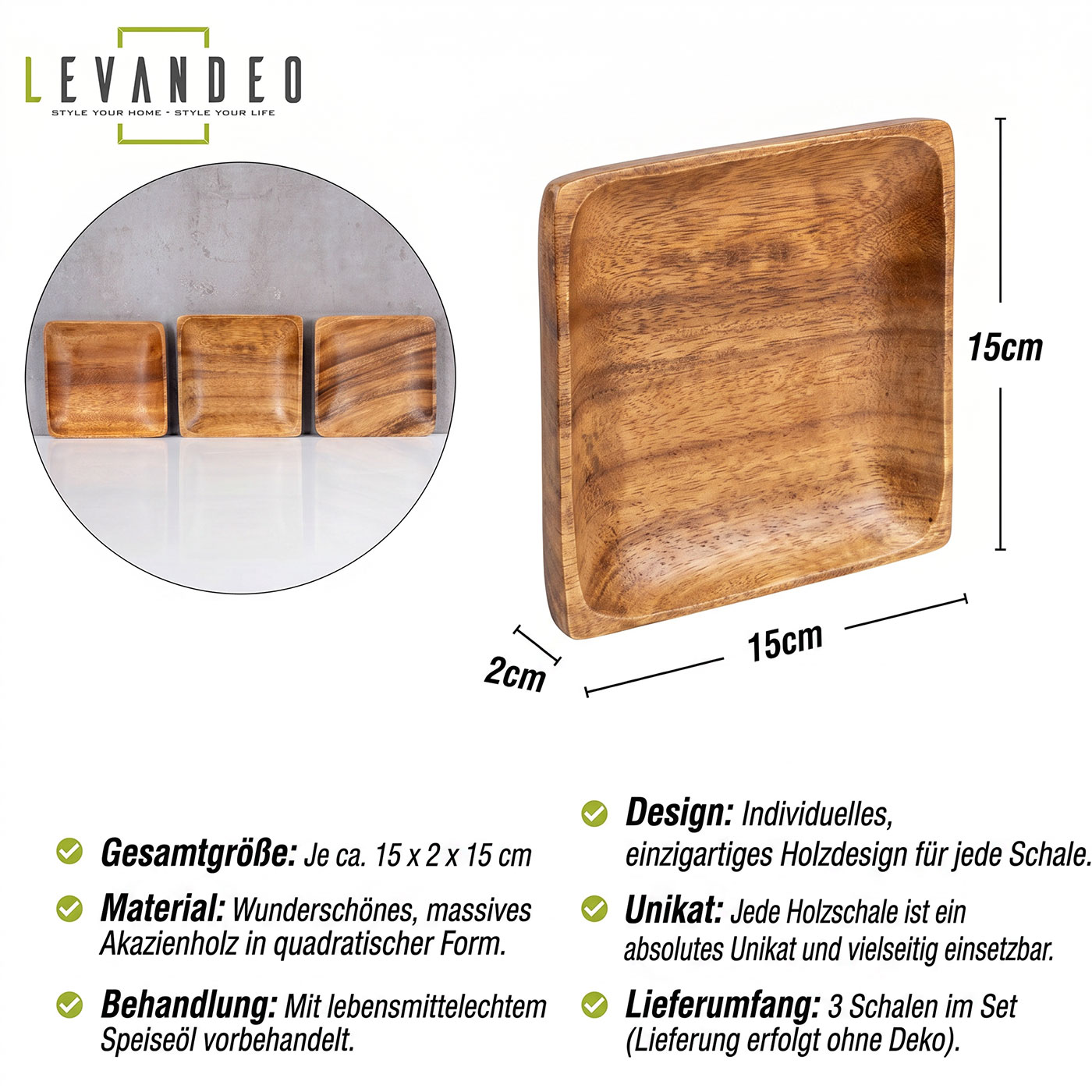 3er Set Teller Akazienholz 15x15cm Snackschale Obstschale Dekoschale Quadratisch