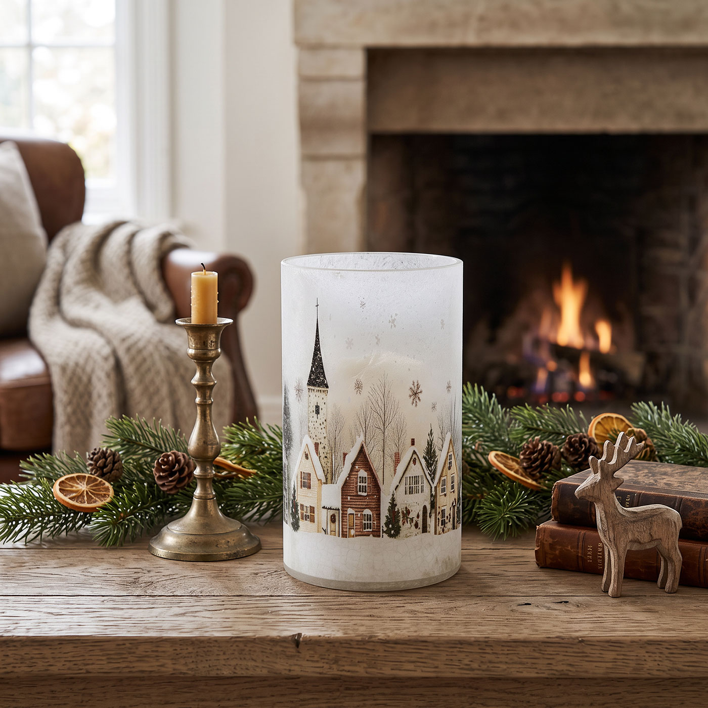 Windlicht H20cm Crackle Glas Teelichthalter Winter Weihnachten Kerzen Tischdeko