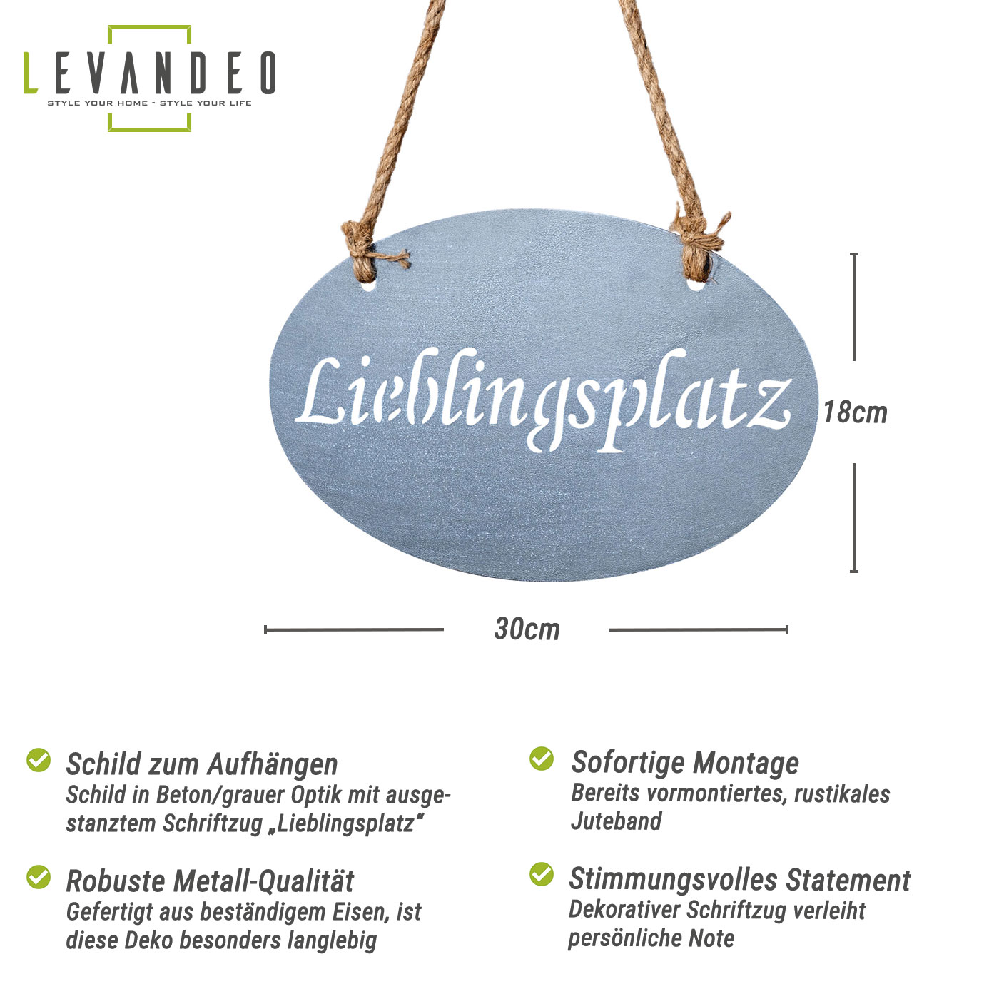 Lieblingsplatz Schild 30x18cm Garten-Deko Anhänger Türschild Beton Grau Wandbild