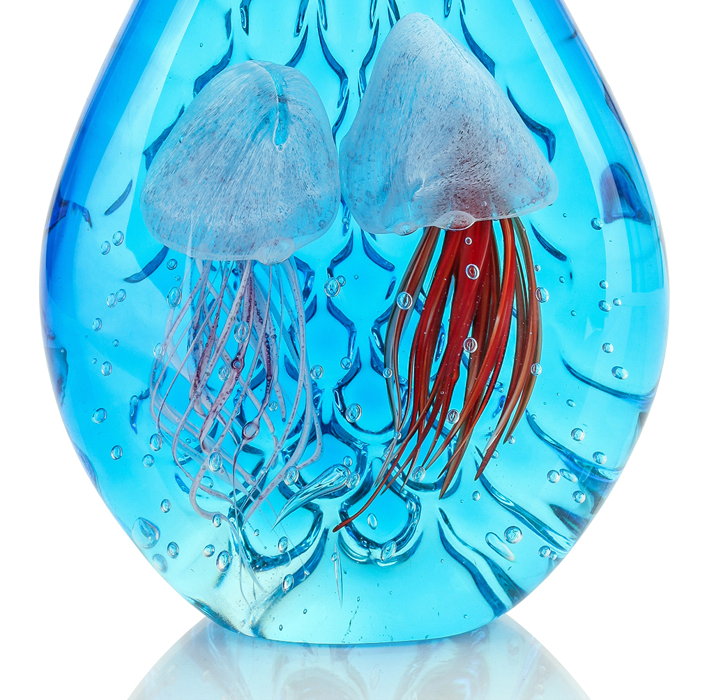 Designer Skulptur aus Glas -  Design Tropfen Qualle Unikat blau 31cm