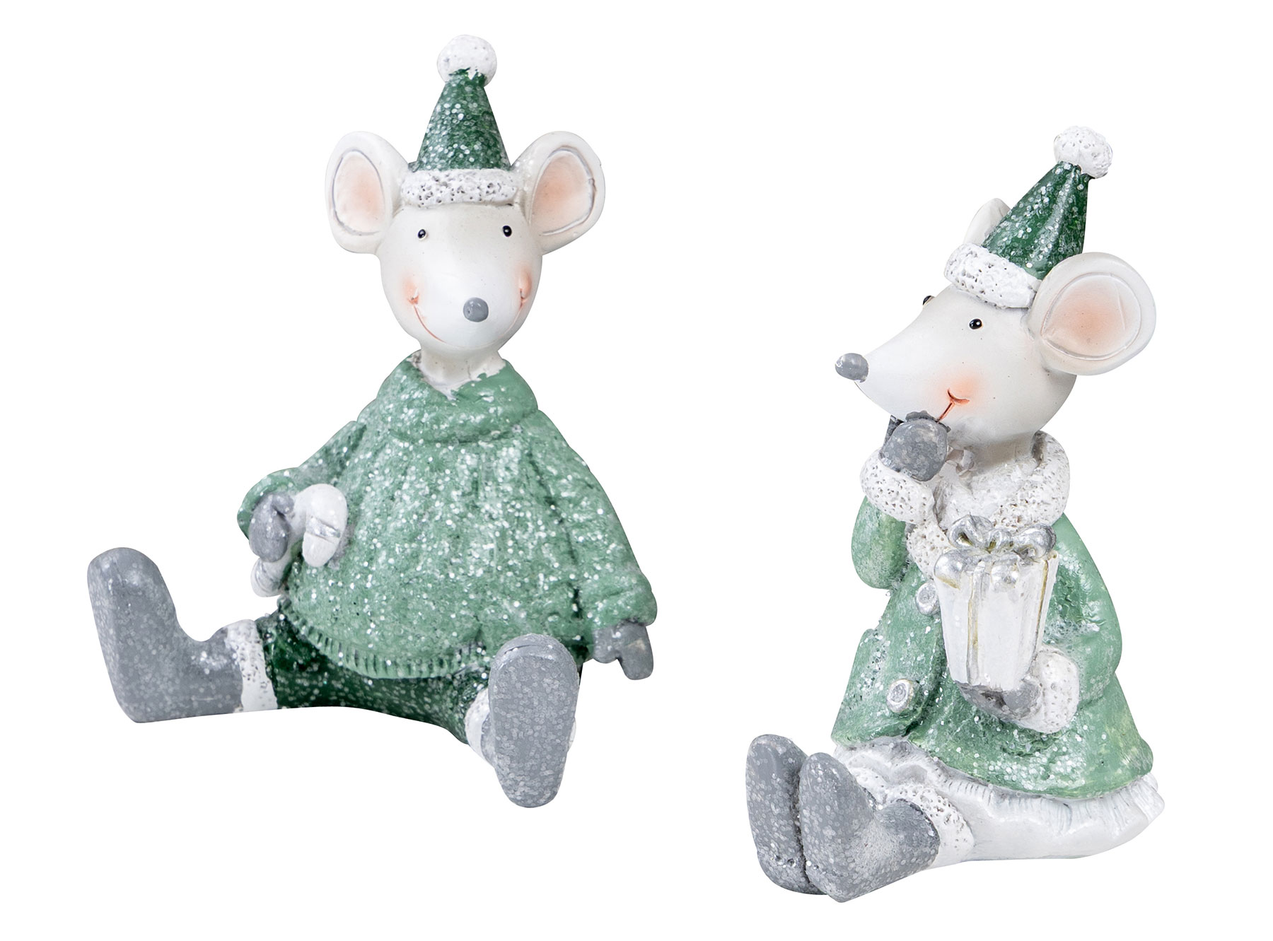 2er Set Mäuse Weihnachten Deko Kunstharz Grün Weiß Weihnachtsdeko Tischdeko