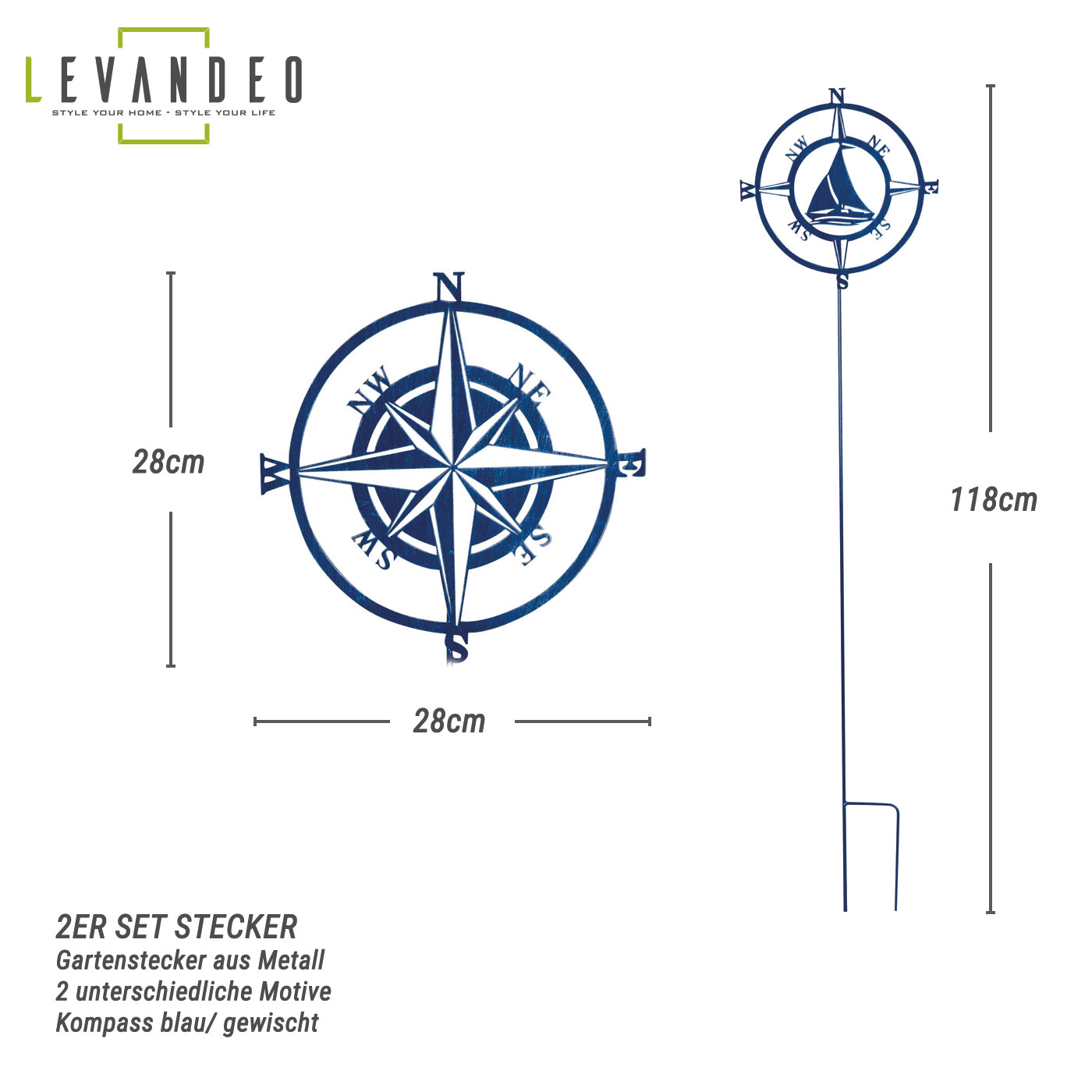 2er Set Gartenstecker H118cm Kompassrose Blau Metall Garten-Deko Windrose Stele