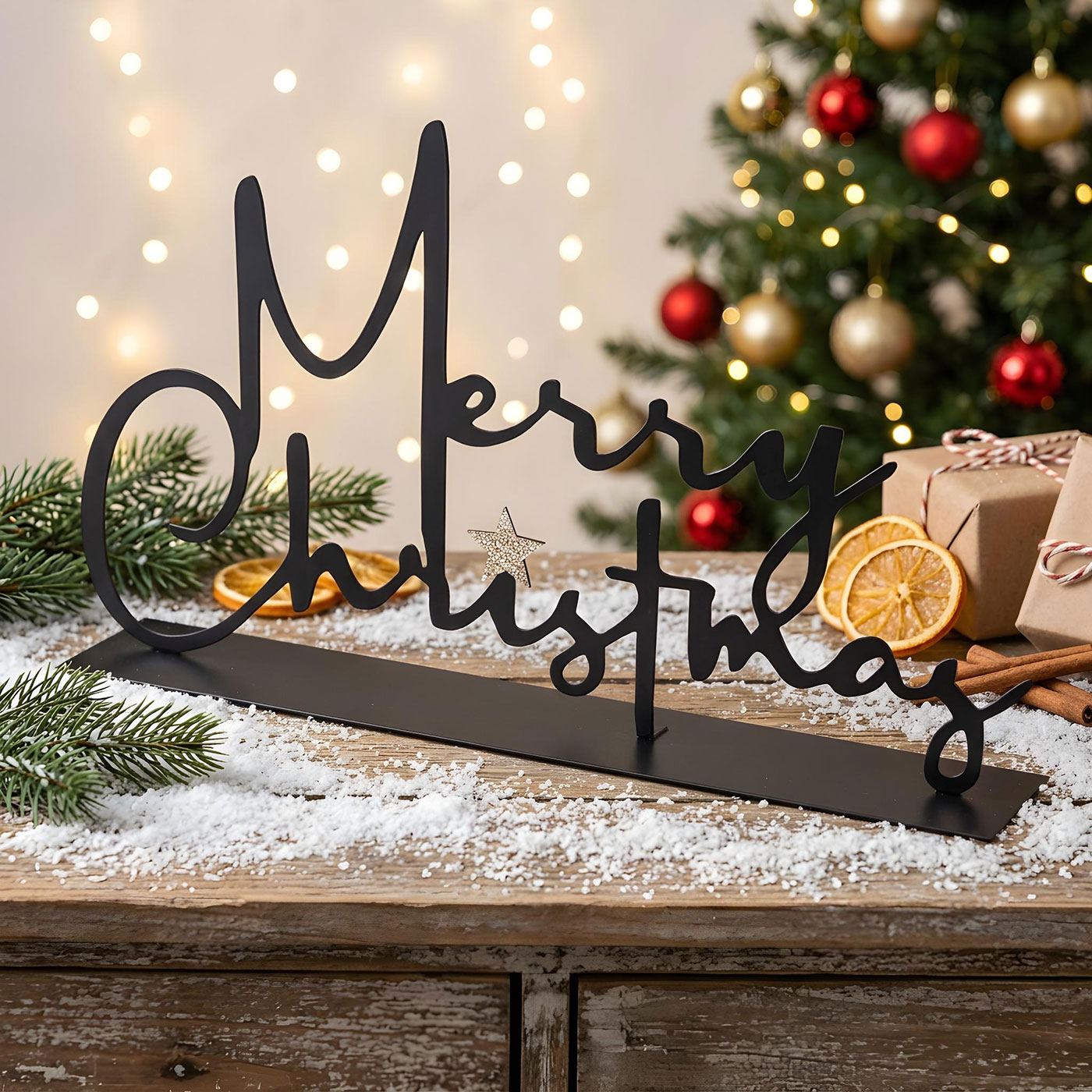 Schriftzug Merry Christmas 28cm Metall Schwarz Tischdeko Weihnachtsdeko Spruch