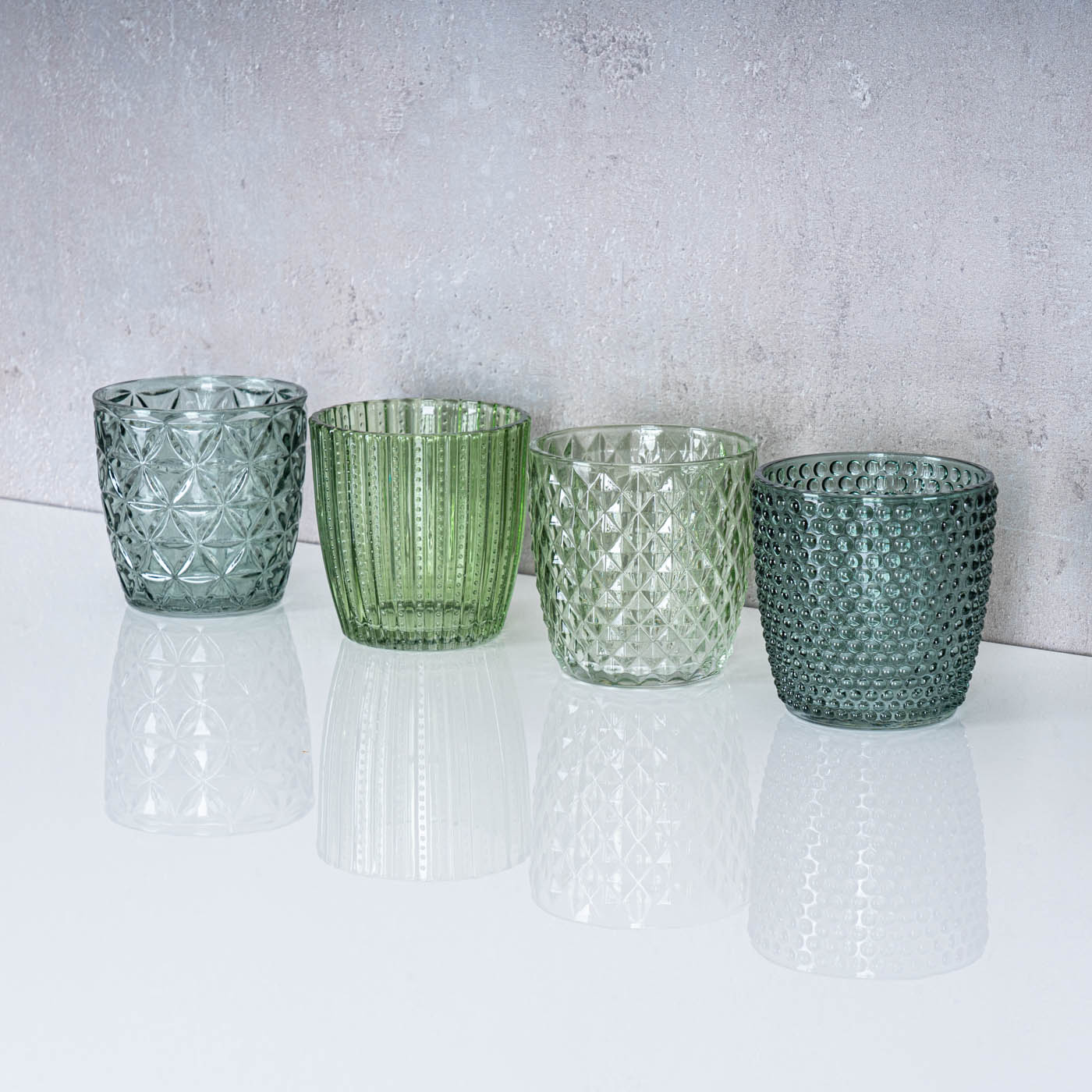 4er Set Windlicht H7,5cm Glas Grün Teelichthalter Tischdeko Kerzen Retro Deko