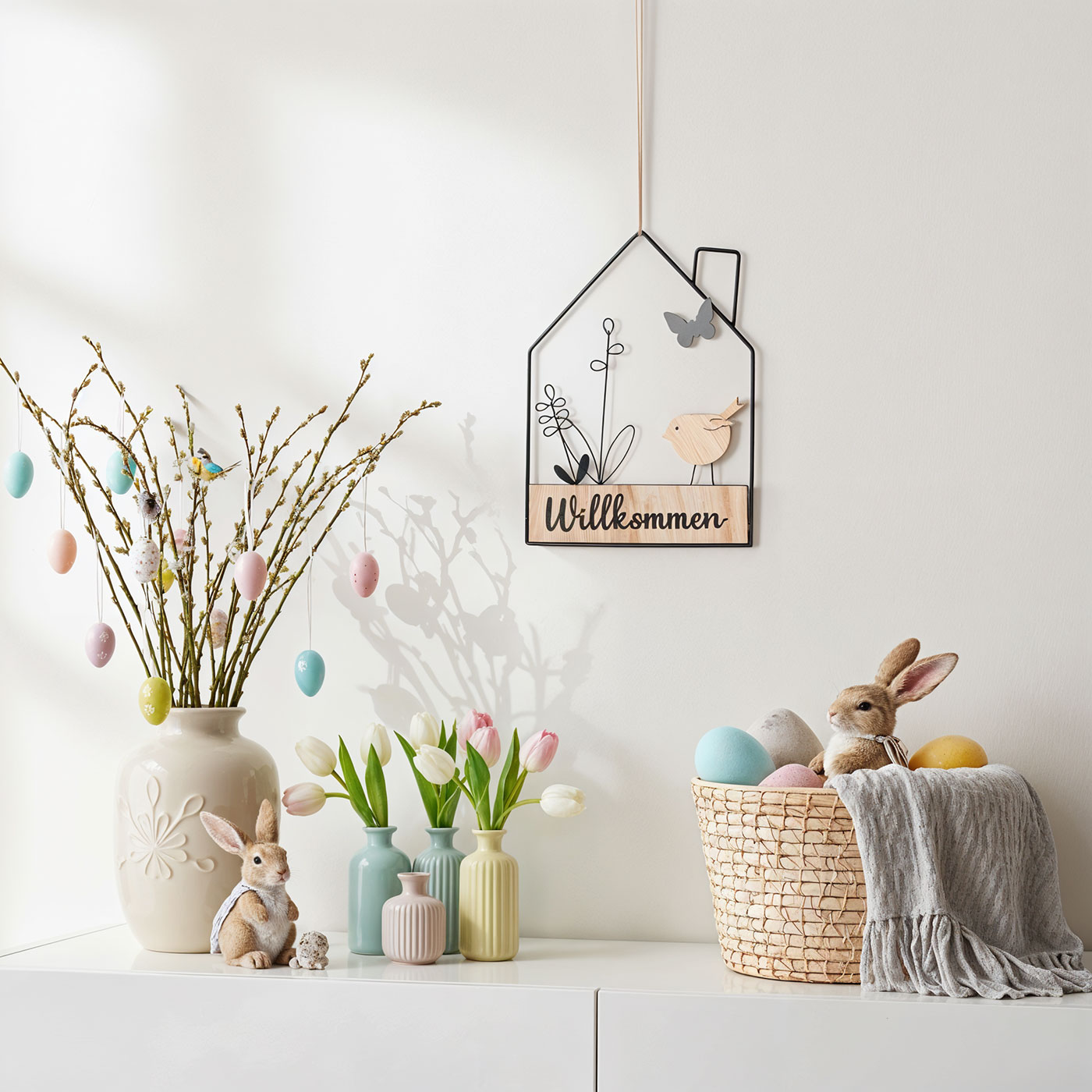 Willkommensschild Hausform Metall Türschild Schwarz Natur Haus Türkranz Ostern