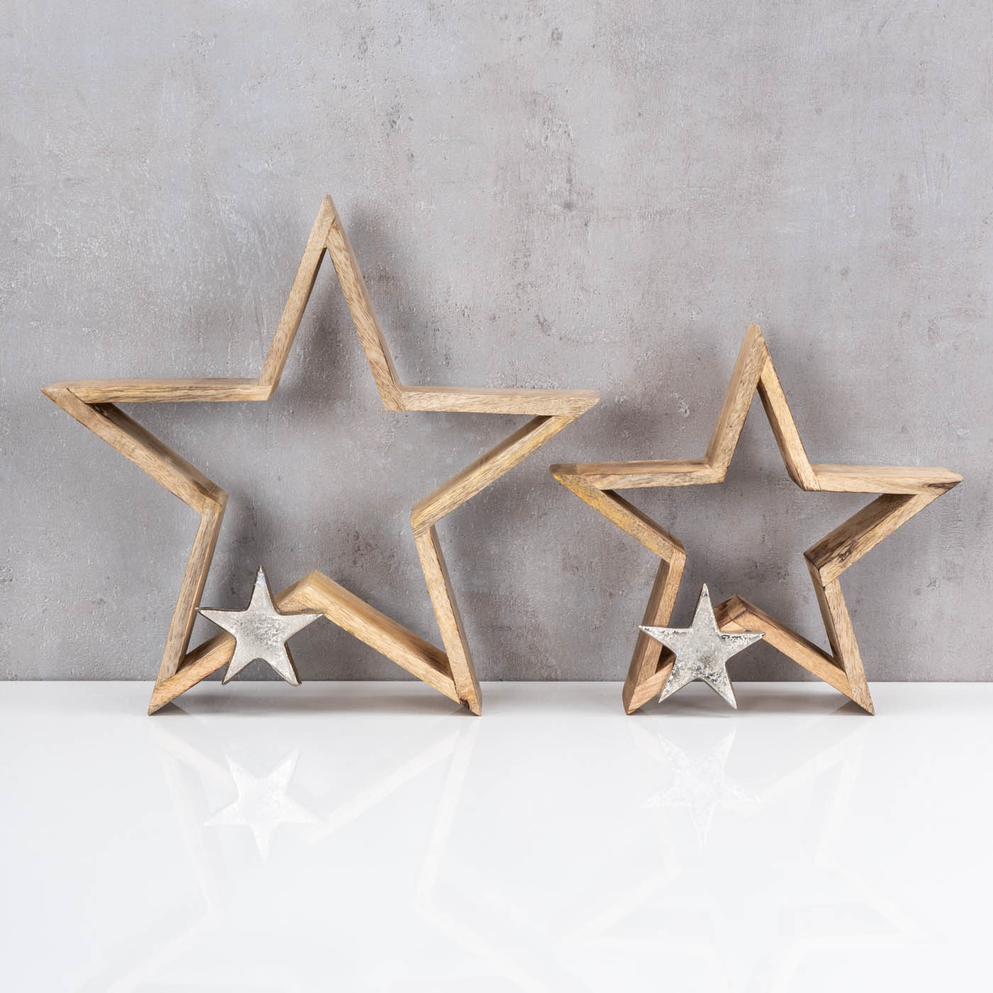 2er Set Sterne 25-33cm Mango Holz Natur Braun Silber Weihnachtsdeko Tischdeko