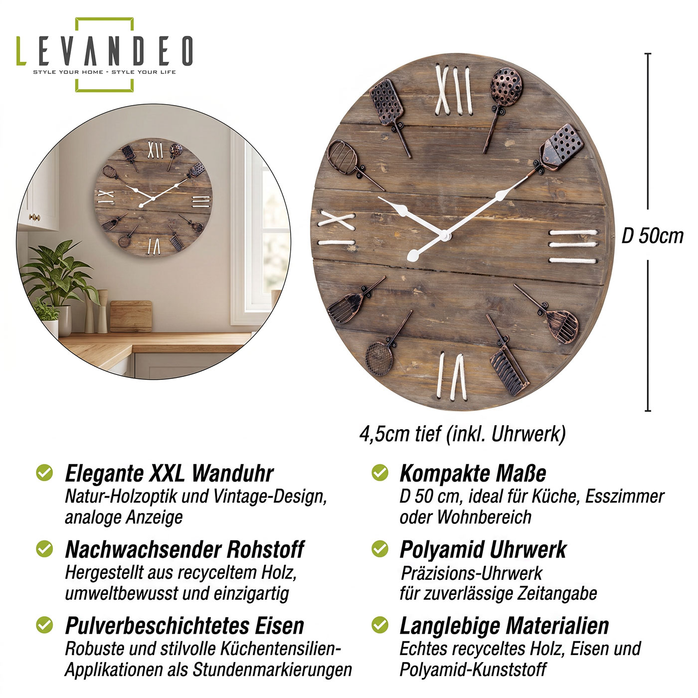 XXL Wanduhr Ø 50cm Holz Natur Braun Küchenuhr Rustikal Shabby Chic Vintage Uhr