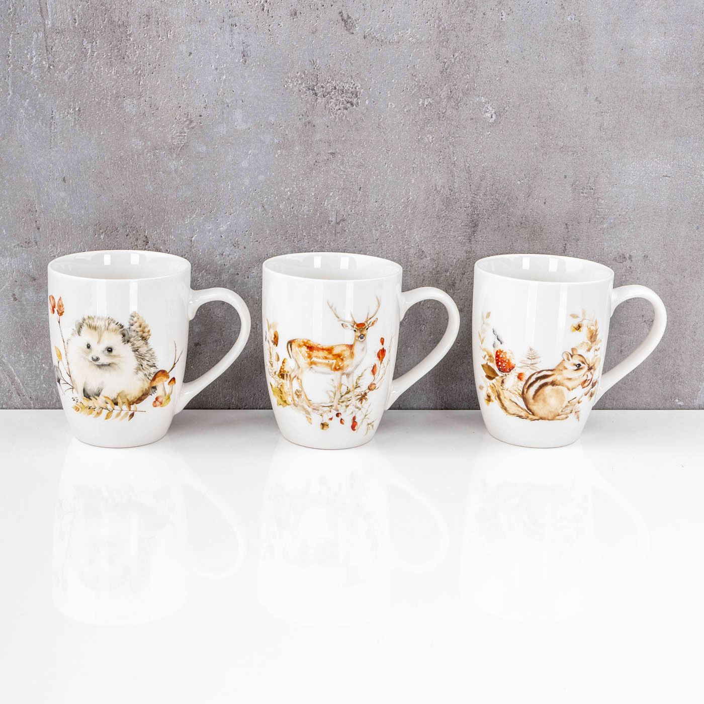 3er Set Kaffeetasse 340ml Porzellan Waldtiere Igel Hirsch Eichhörnchen Herbst