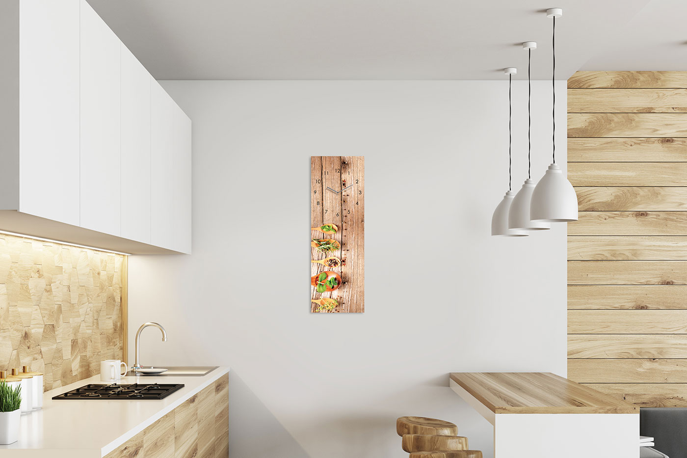 Wanduhr Glas 20x60cm Kräuter Gewürze Löffel Uhr Glasbild Küche Küchenbild Deko