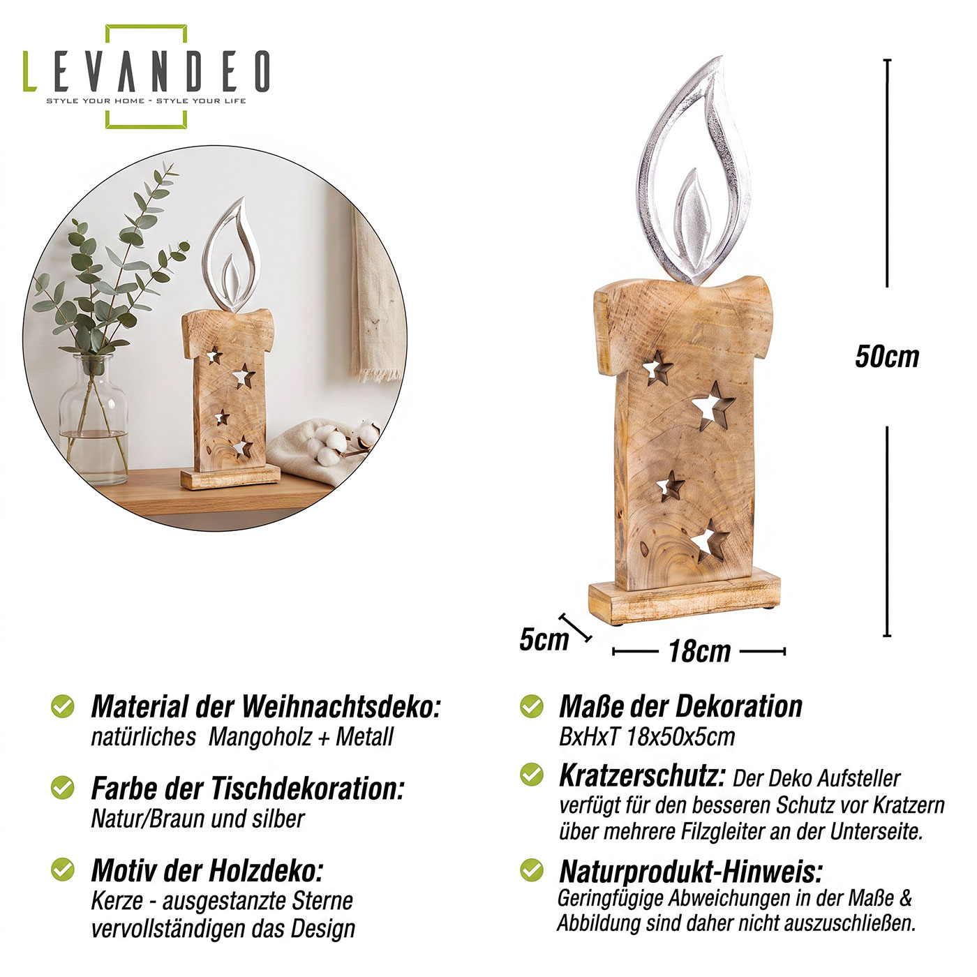 Weihnachtsdeko Kerze Mangoholz H50cm Deko Aufsteller Holz Metall Weihnachten