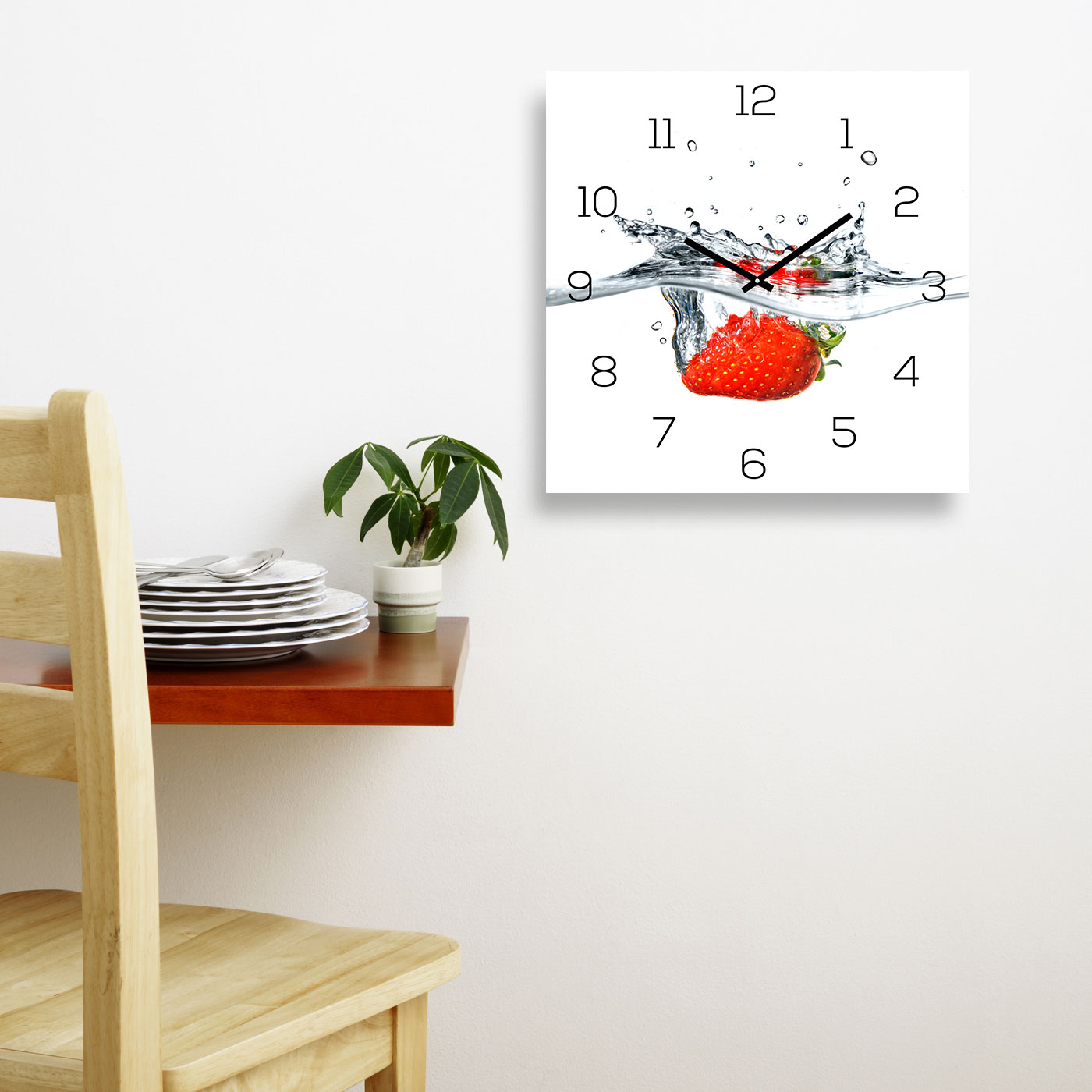 Wanduhr Alu-Dibond 30x30cm Uhr Alubild  Küche Erdbeere Frucht Rot Aluminium