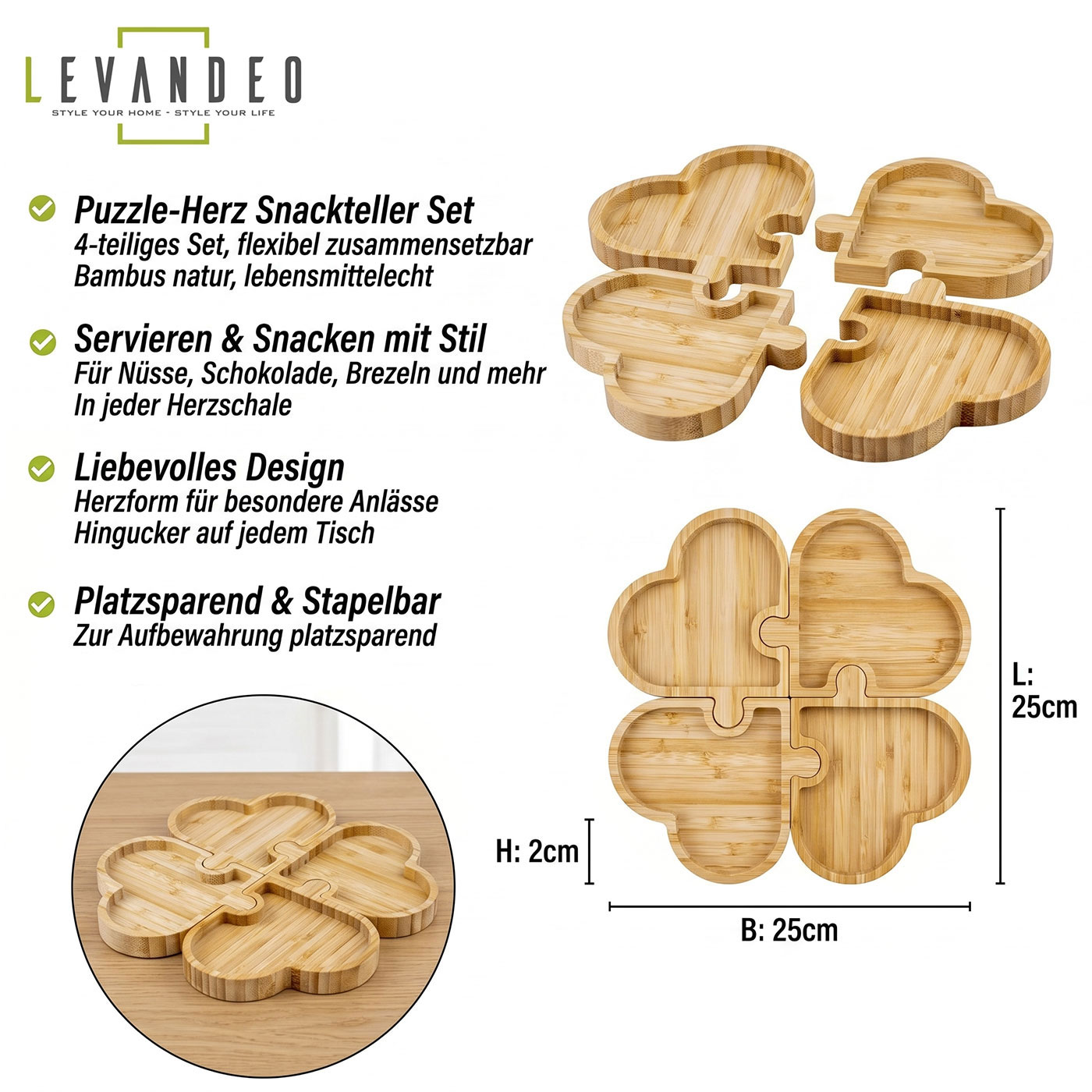 Snackteller Herz 25cm Bambus Holz Natur Teller Puzzle Schale Tischdeko Herzpuzzle