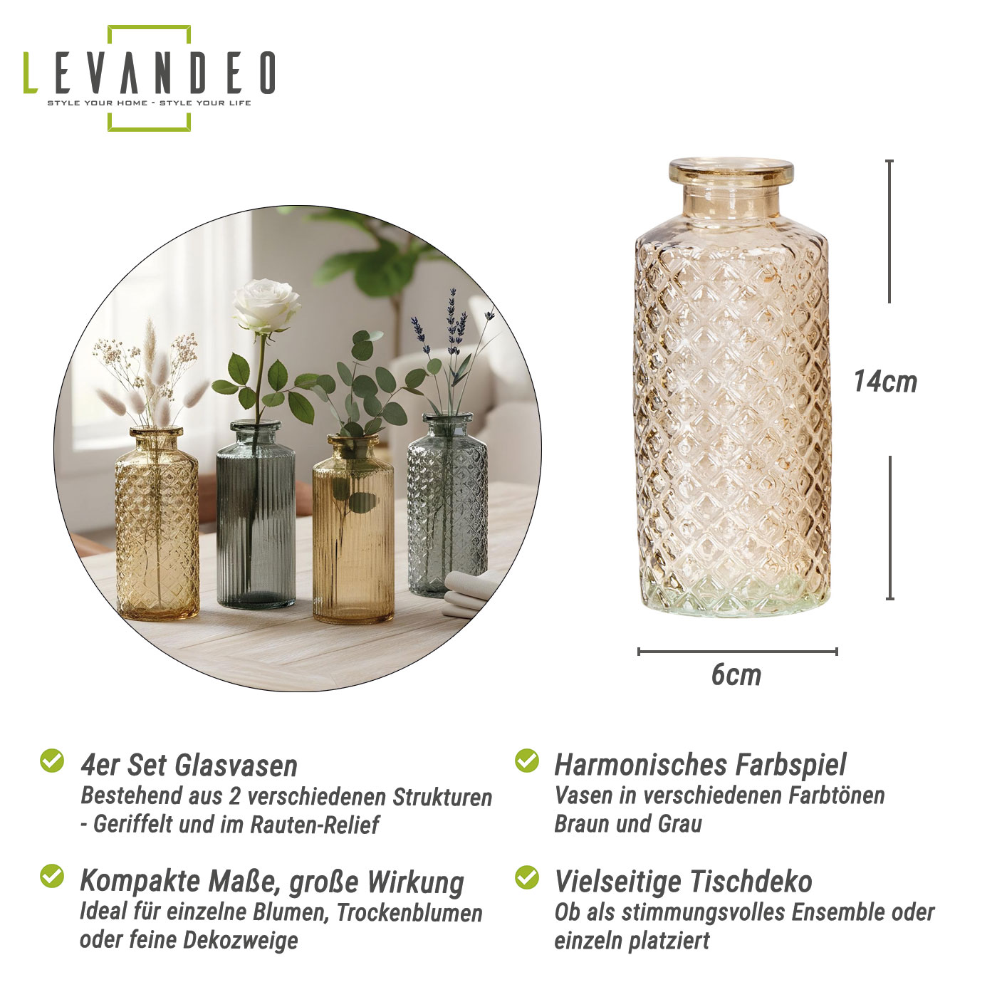 4er Set Vase Braun Grau H14cm Glas Blumenvase Tischdeko Herbstdeko Glasvase