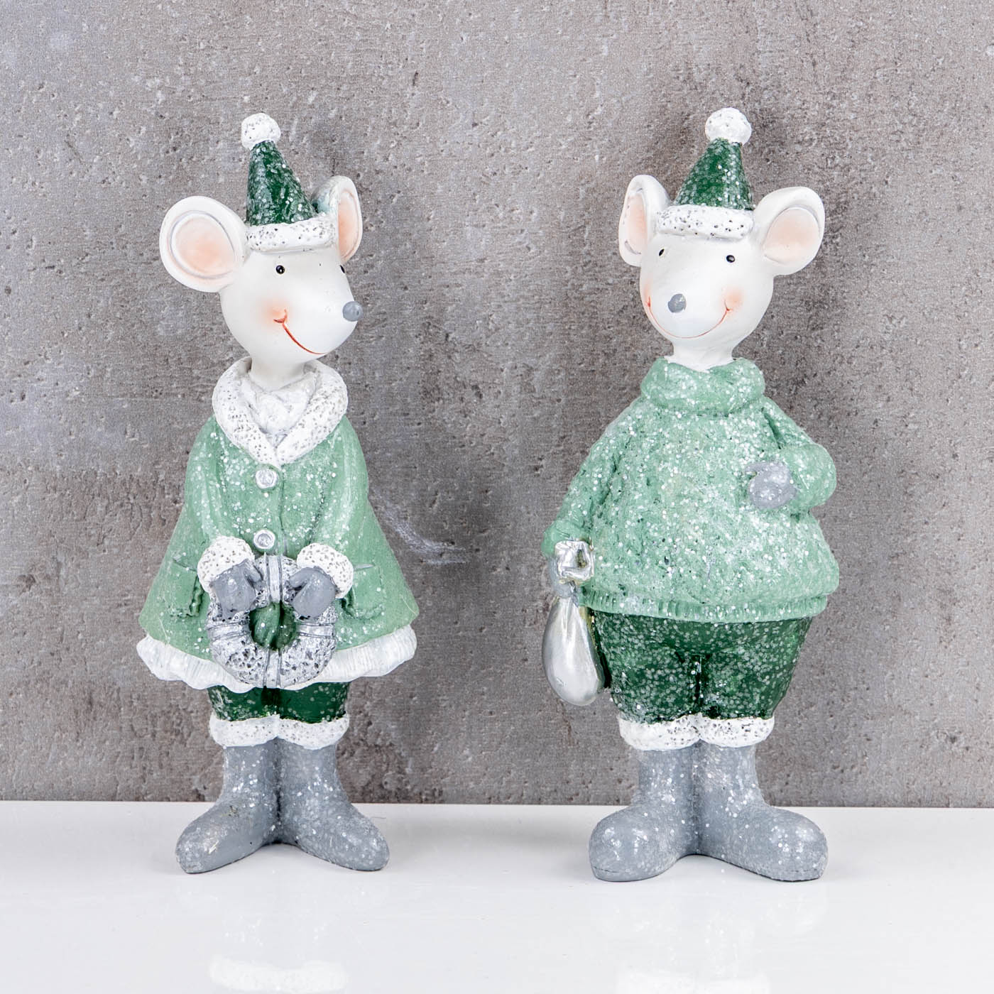 2er Set Maus Figuren Weihnachten Kunstharz Grün Weiß Weihnachtsdeko Tisch-Deko
