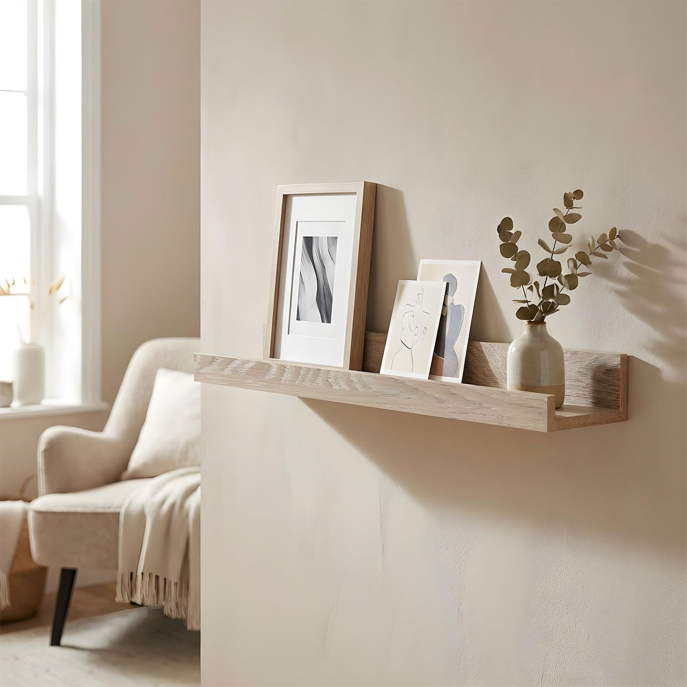 Bilderleiste Eiche Gekälkt L70cm MDF Holz Wandregal Schmal Wanddeko Hängeregal