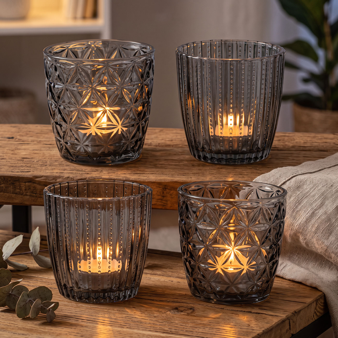 8er Set Windlicht H7,5cm Glas Grau Teelichthalter Tischdeko Kerzen Retro Deko