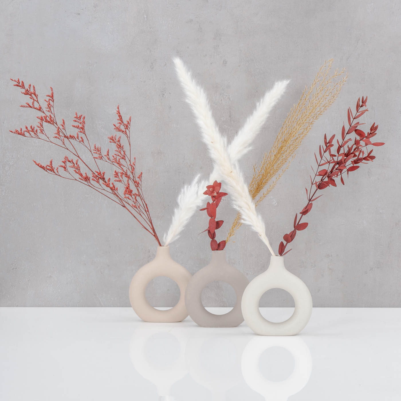 3er Set Donut Vase H12cm Keramik Beige Blumenvase Rund Dekovase Tischdeko Deko