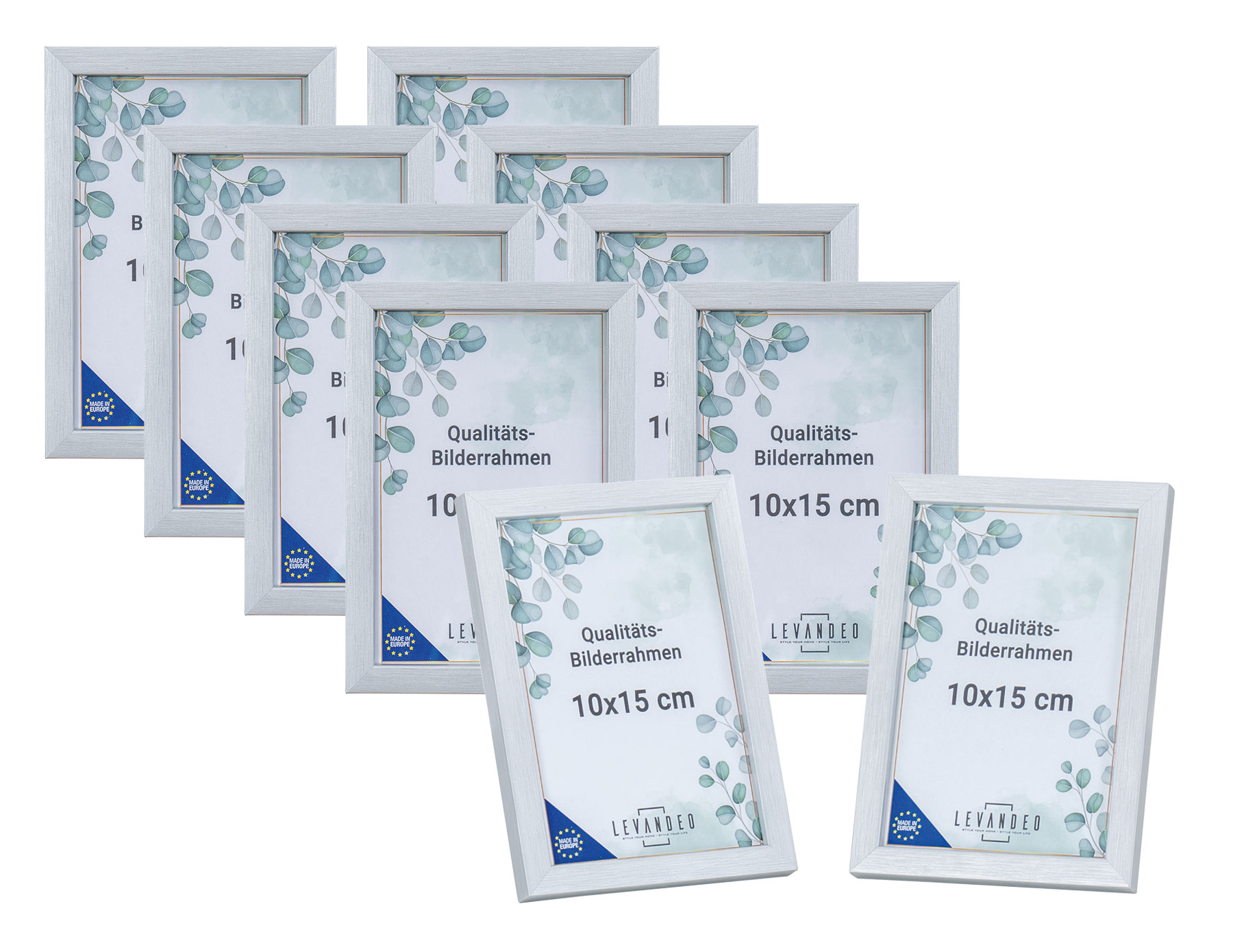 10er Set Bilderrahmen Echtholz Made in EU 10x15 Silber Glasscheibe Fotorahmen