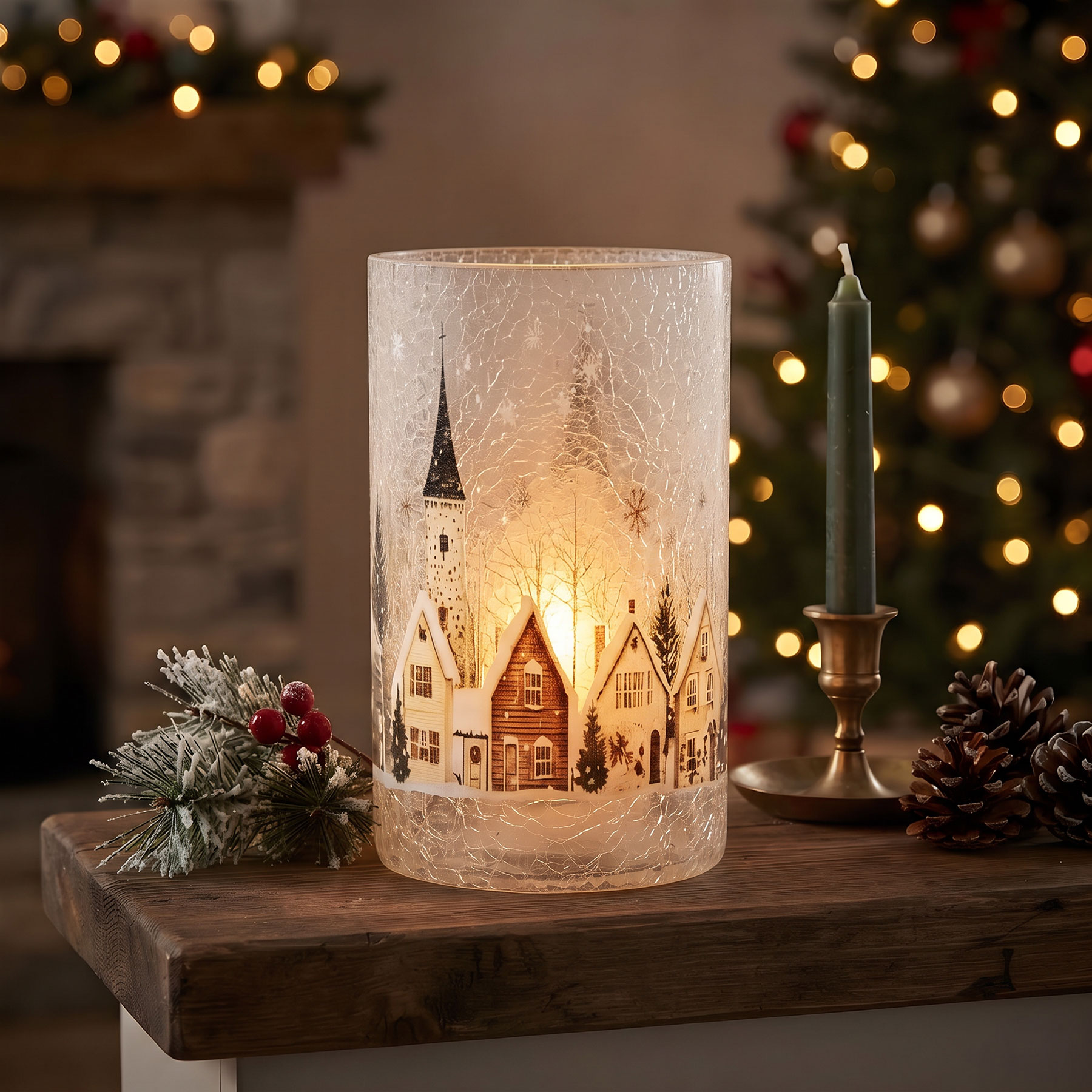 Windlicht H20cm Crackle Glas Teelichthalter Winter Weihnachten Kerzen Tischdeko