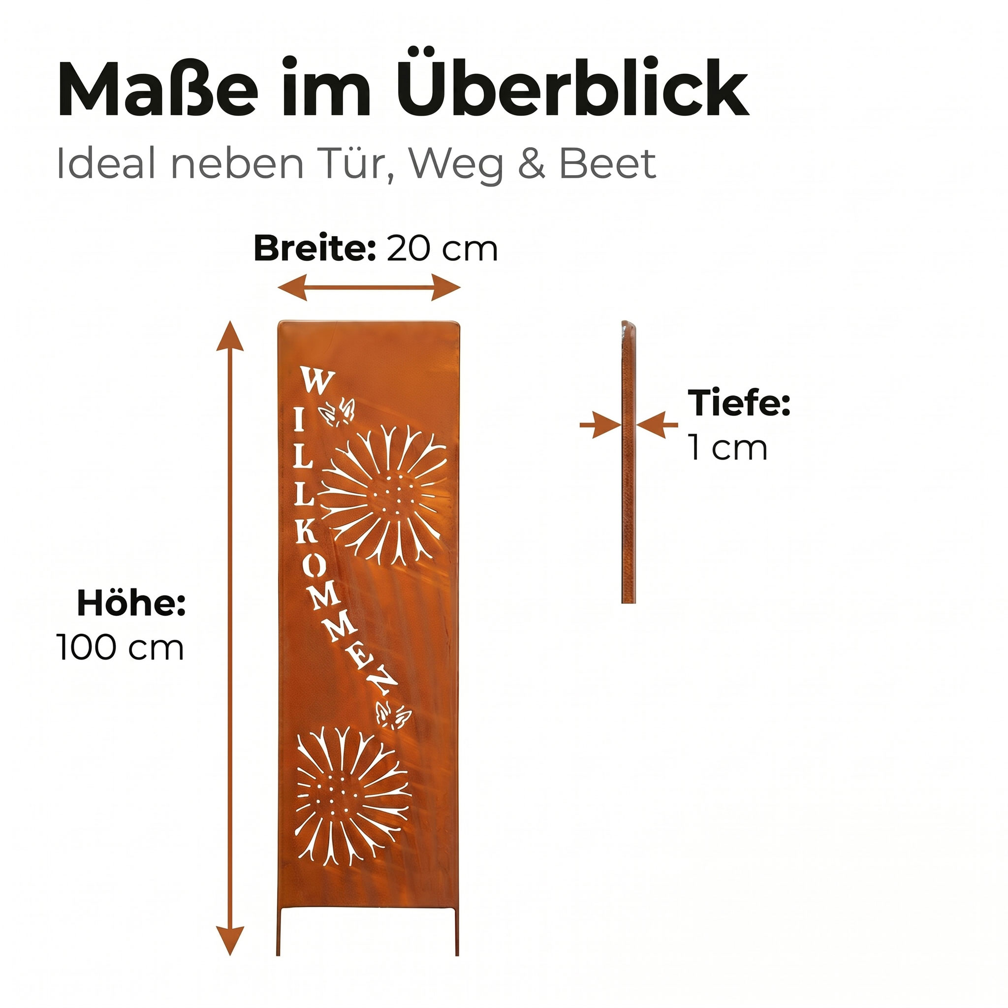 Gartenstele Willkommen Metall Edelrost 20x100cm Blumen Schmetterling Rost Deko