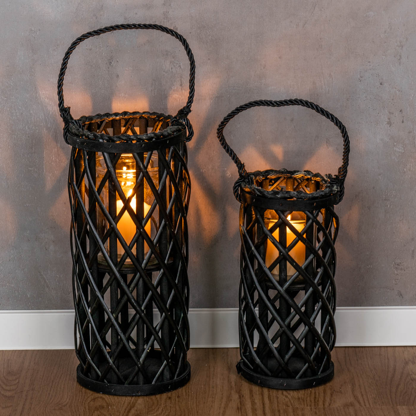 2er Set Laterne Windlicht H40cm H31cm Schwarz Holz Weide Kerzenhalter Garten
