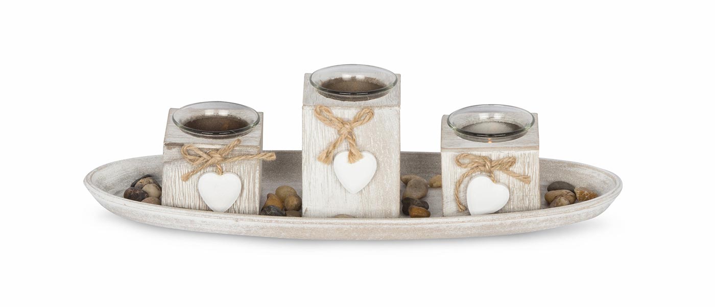 Windlicht Set 39x14cm Holztablett Weiß Grau Shabby Chic Vintage Deko