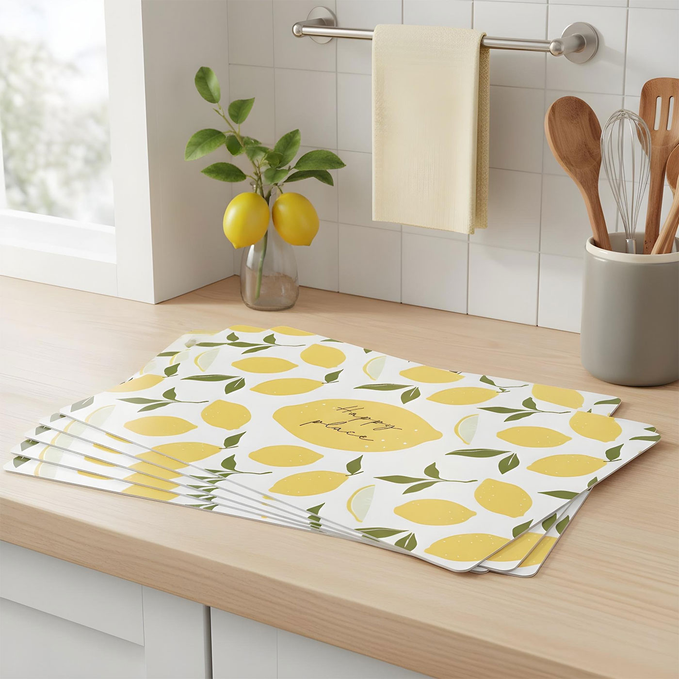 4er Set Platzsets Zitrone 45x30cm Happy Place Sommer Platzdecke Tischsets Küche