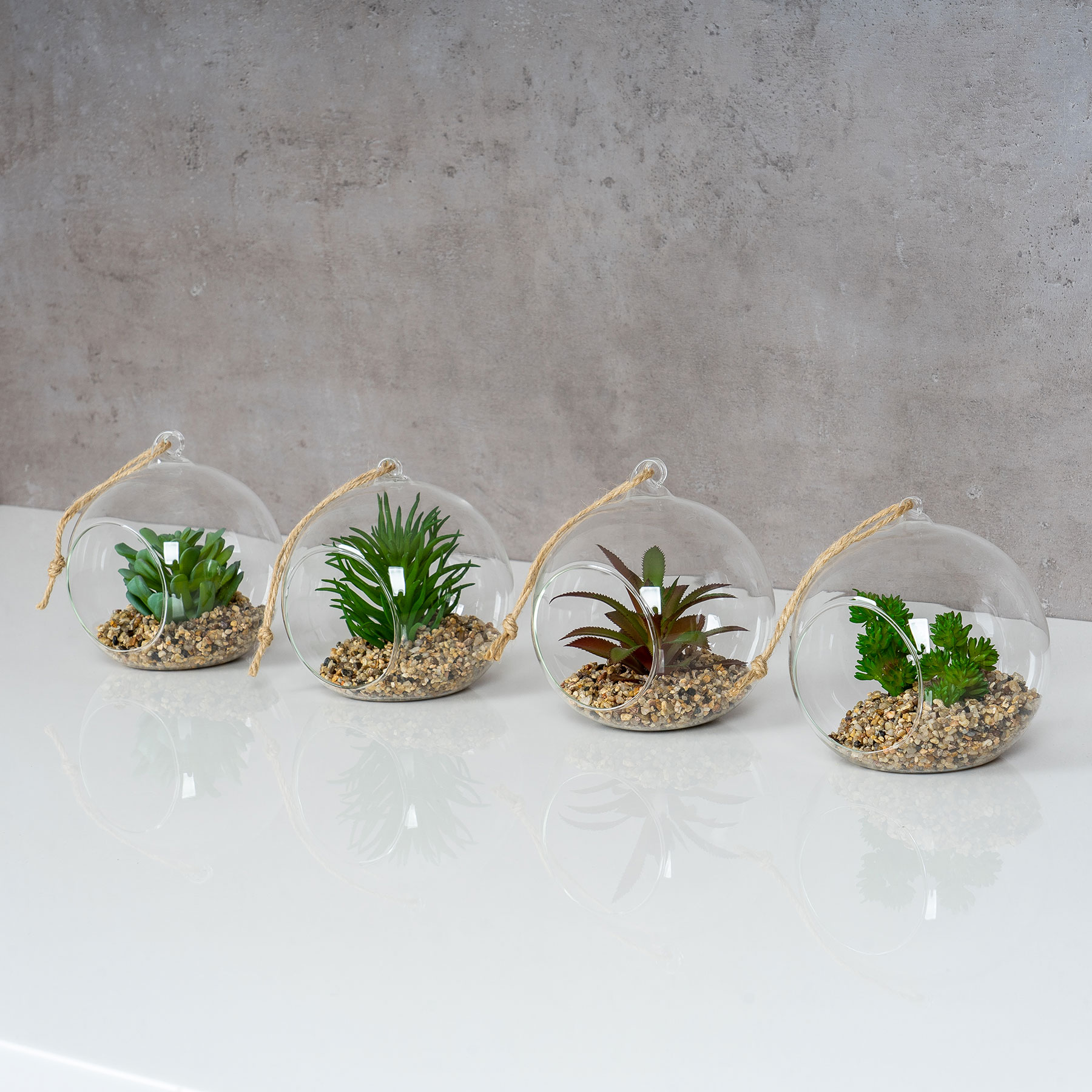 4er Set Sukkulenten Glas 10x12cm Pflanze Grün Tischdeko Kunstpflanze Deko