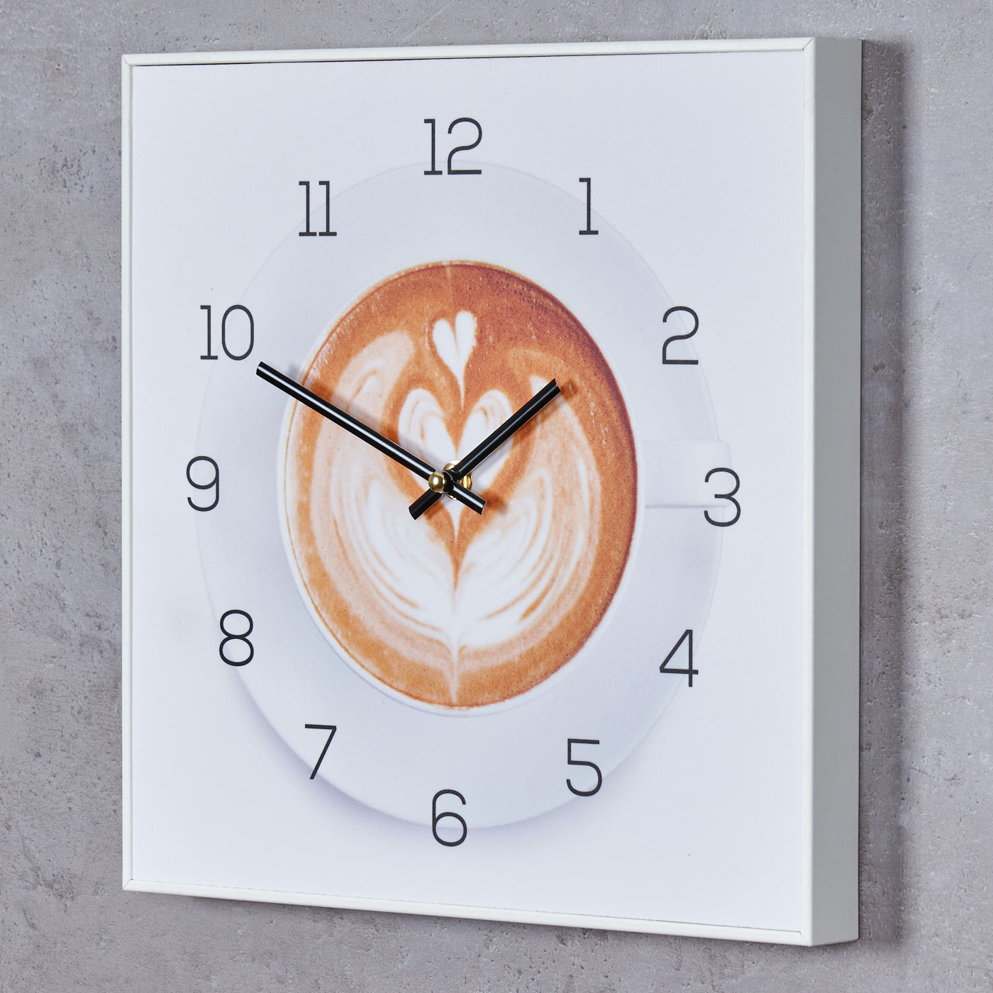 Wanduhr 30x30cm Uhr PVC Rahmen Weiß Cappuccino Kaffee Cafe Deko Küche Wandbild