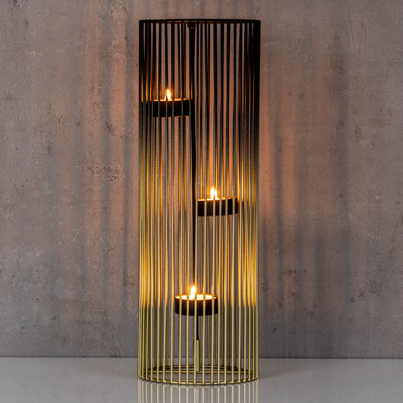 Teelichthalter Säule H34cm Schwarz Gold Metall Kerzenhalter Tischdeko Kerze Deko