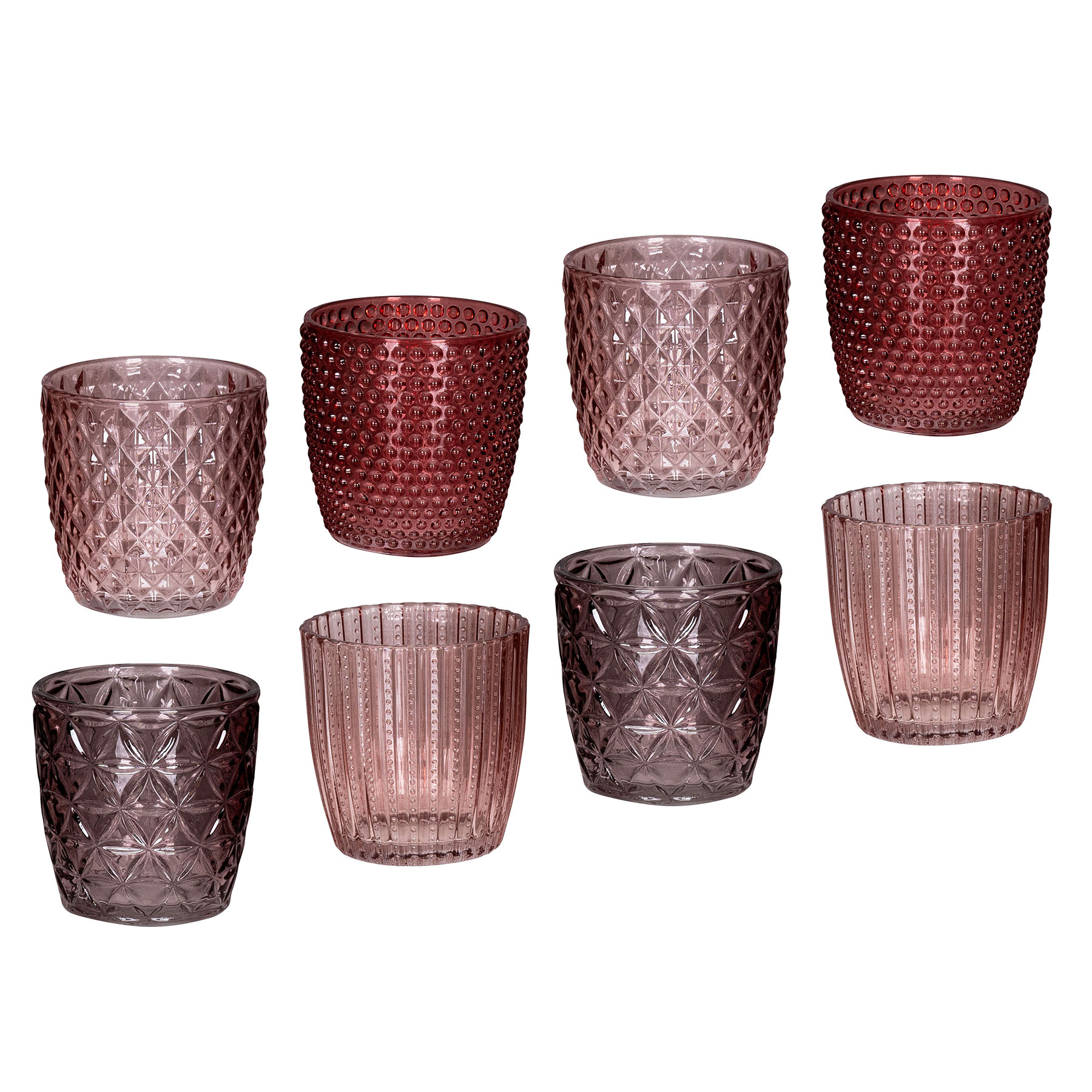 8er Set Windlicht H7,5cm Glas Rosa Rot Teelichthalter Tischdeko Kerzen Retro Deko