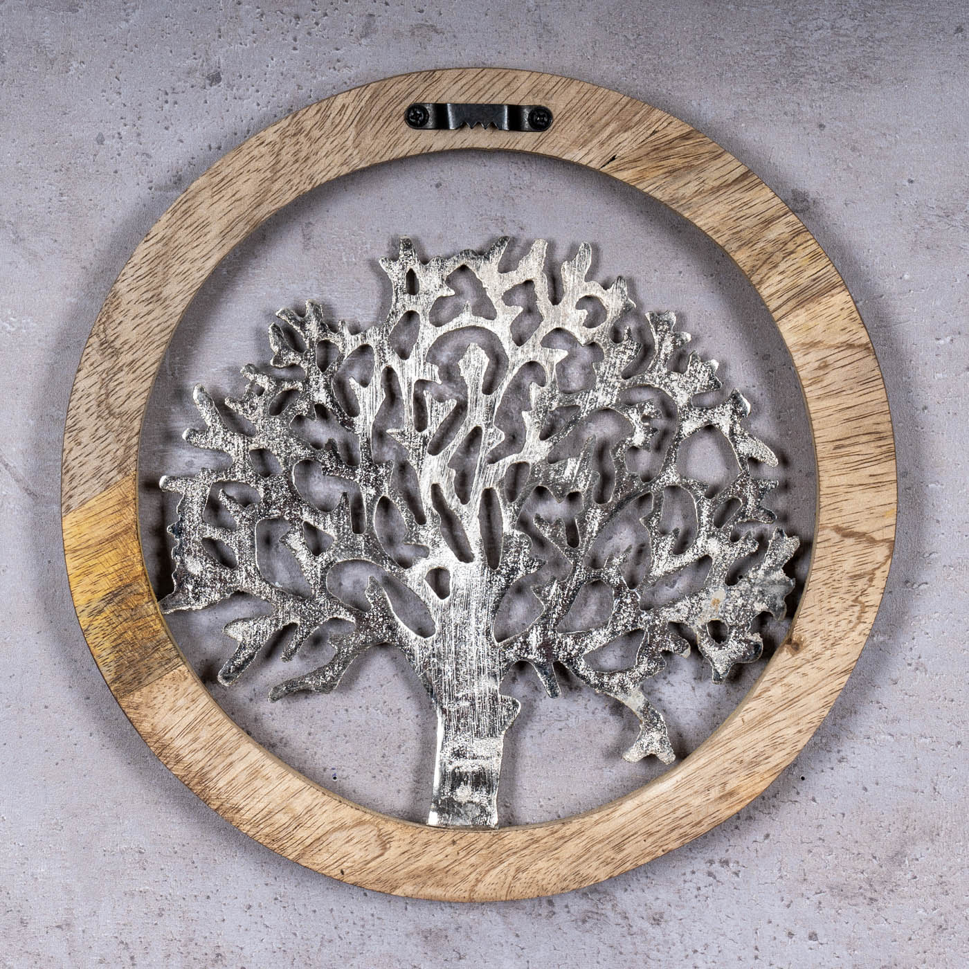 Wandbild Ø25cm Lebensbaum Metall Holz Mango Silber Braun Bild Wand-Deko Hänger