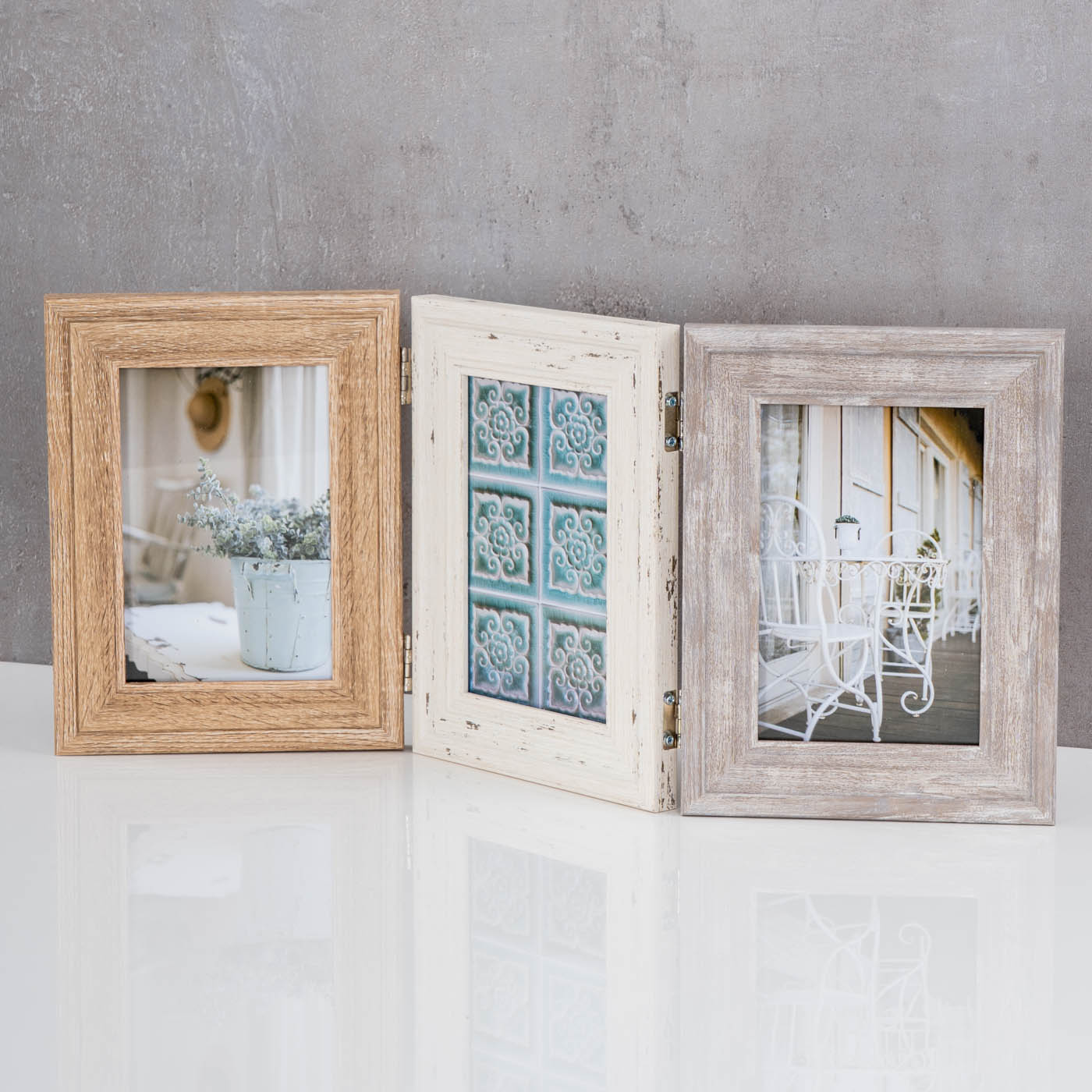 Fotoaufsteller 3 Fotos 10x15 MDF Holz Natur Shabby Chic Vintage Bilderrahmen