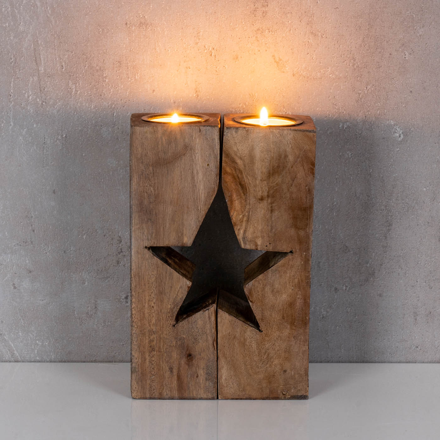 Teelichthalter Stern H20cm Mango-Holz Natur Braun Kerzenhalter Geteilt Tischdeko