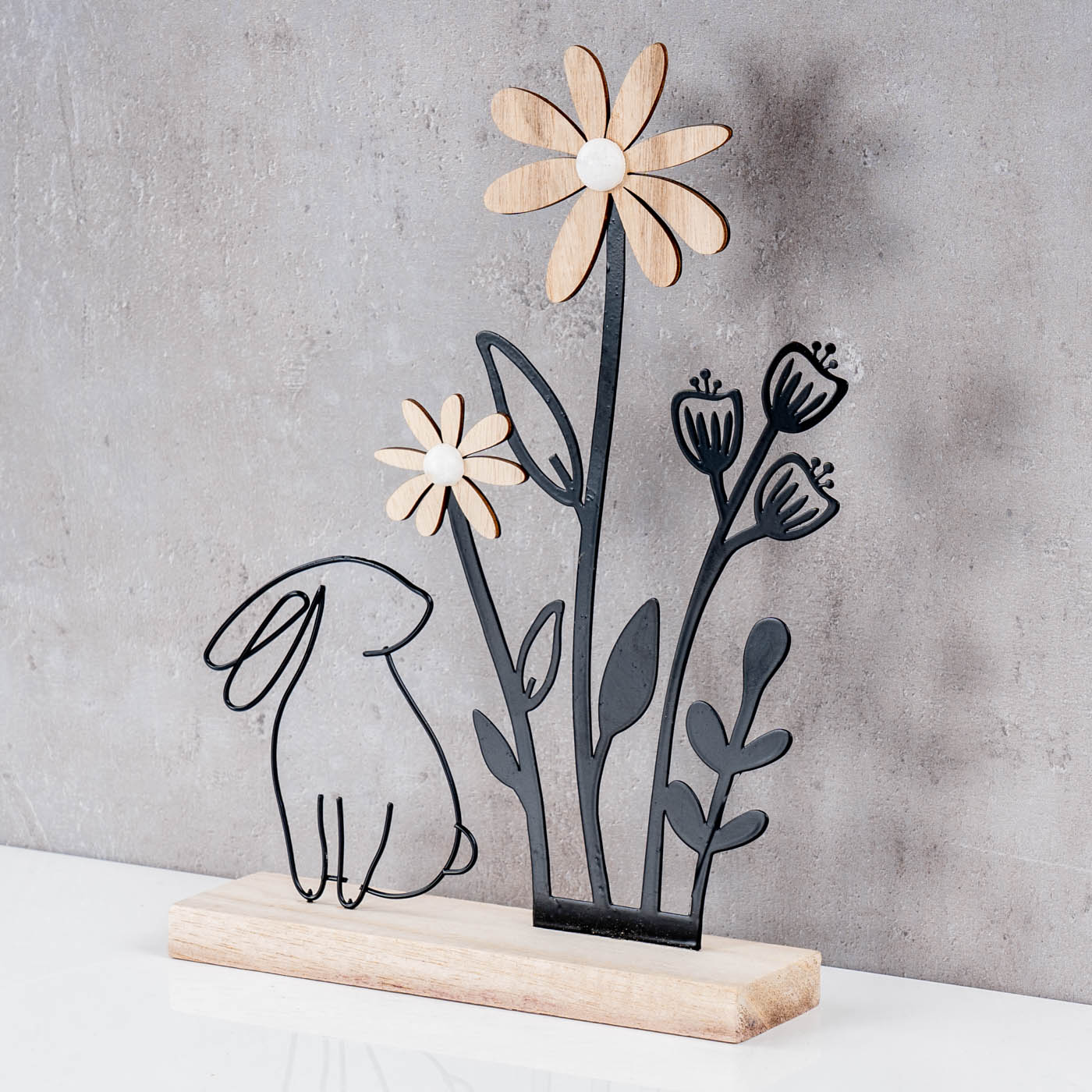 Deko Aufsteller Ostern L19cm Metall Holz Osterhase Blume Natur Schwarz Tischdeko