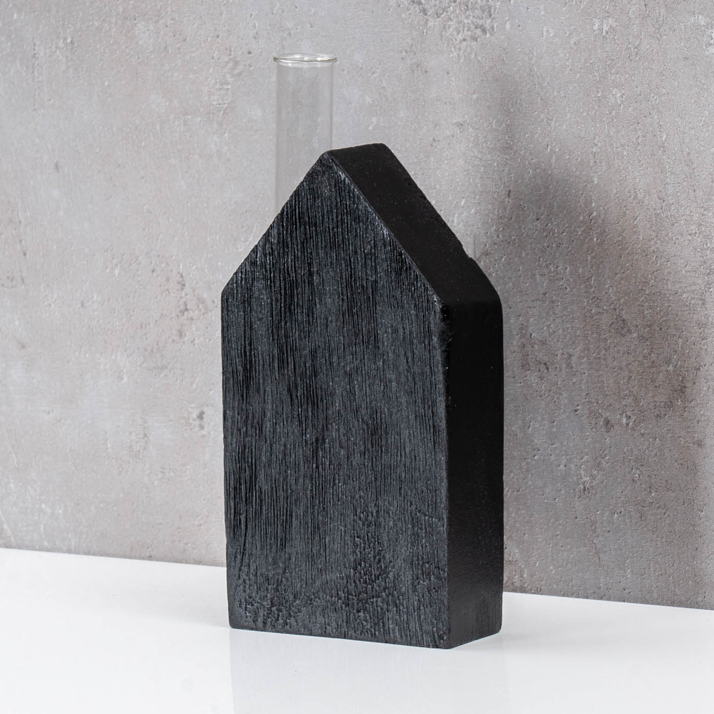Haus Vase Reagenzglas H20cm Mangoholz Schwarz Glas Tischdeko Wohnzimmer Deko