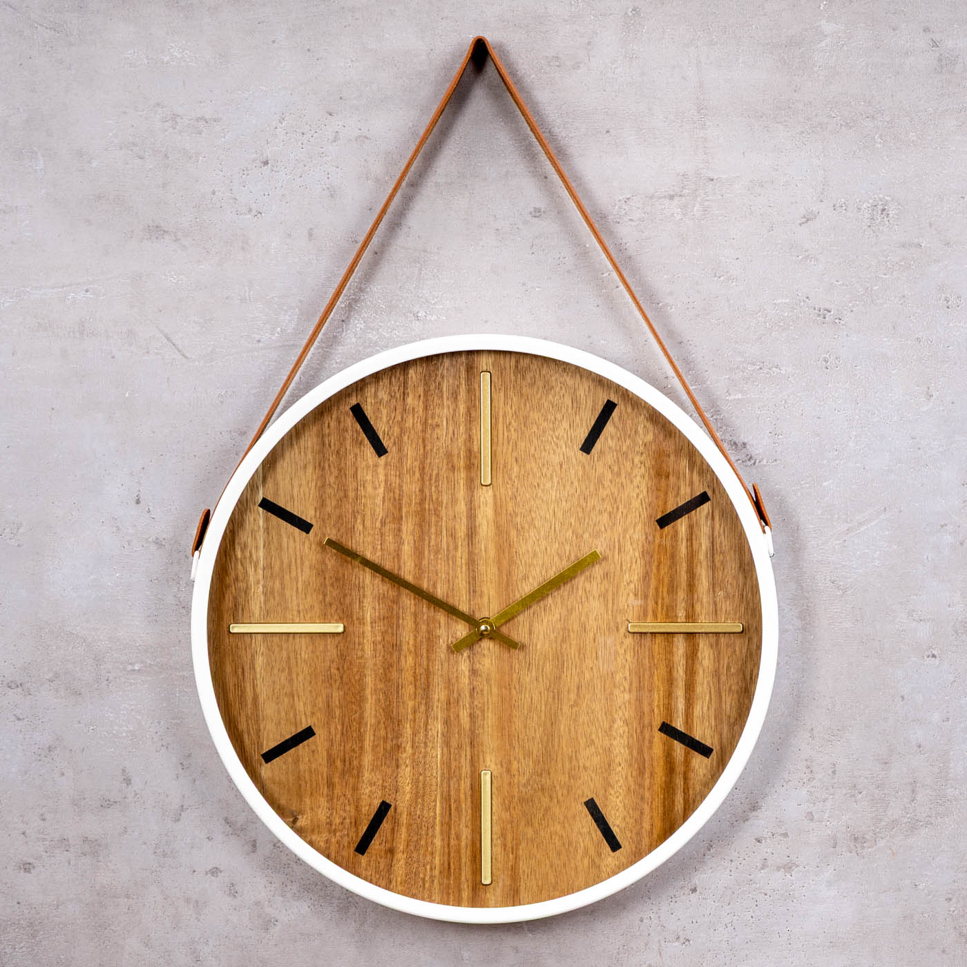 Wanduhr ⌀38cm Holzoptik Weiß Braun Gold Band zum Aufhängen Wanddeko Design Uhr
