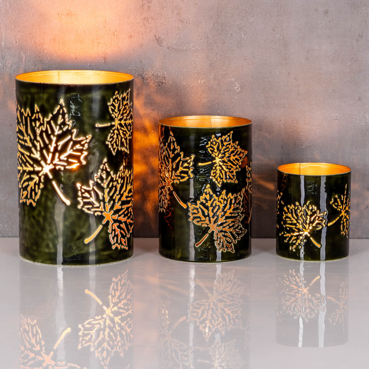 3er Set Windlichter H10-20cm Teelichthalter Grün Gold Metall Herbstblatt Herbst