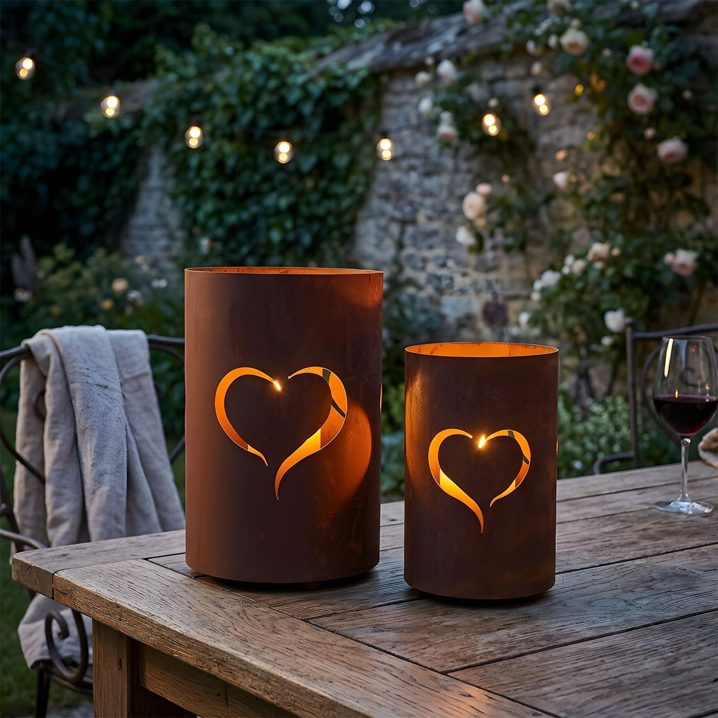 2er Set Windlichter Herz H32/24cm Metall Rostoptik Laternen Outdoor Gartendeko