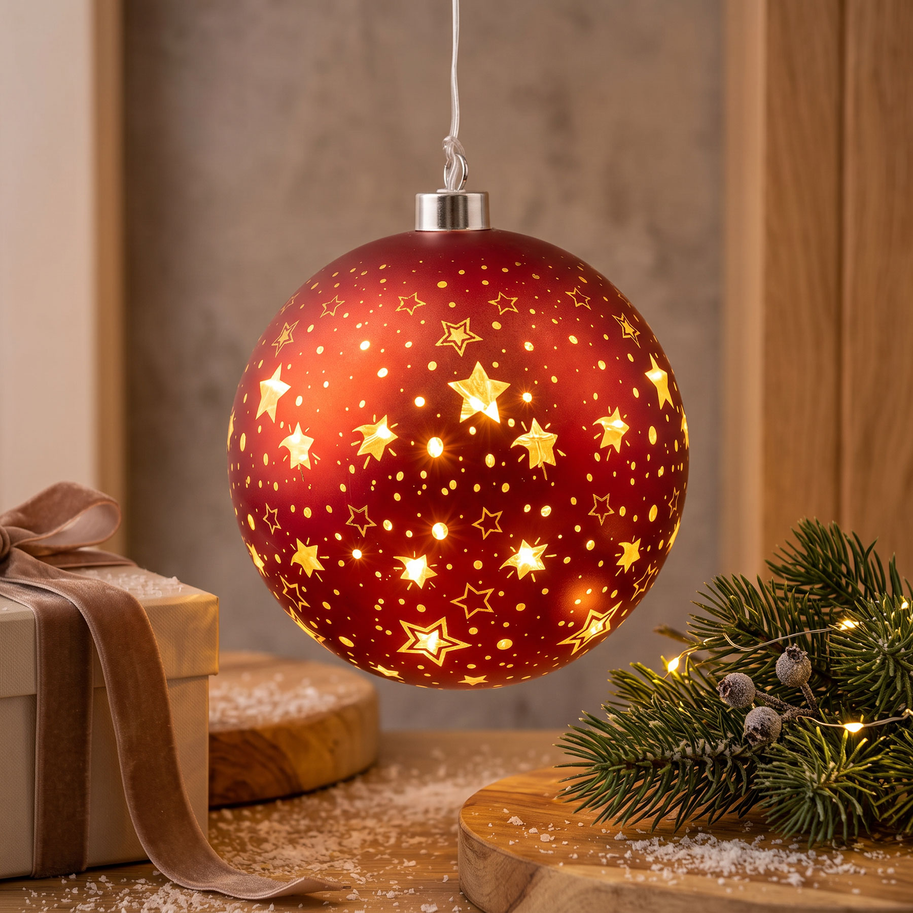 LED Deko Kugel 15cm Rot Gold Weihnachten Sterne Weihnachtskugel Hängedeko