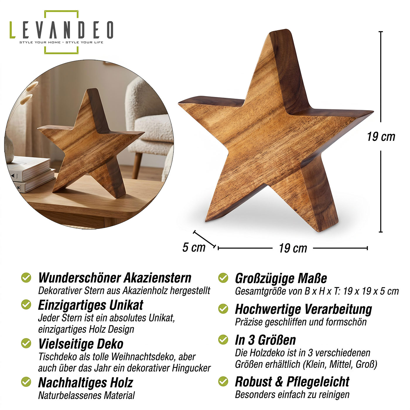 Stern Holzstern Akazie 19cm Akazienholz Braun Natur Deko Tischdeko Holzdeko