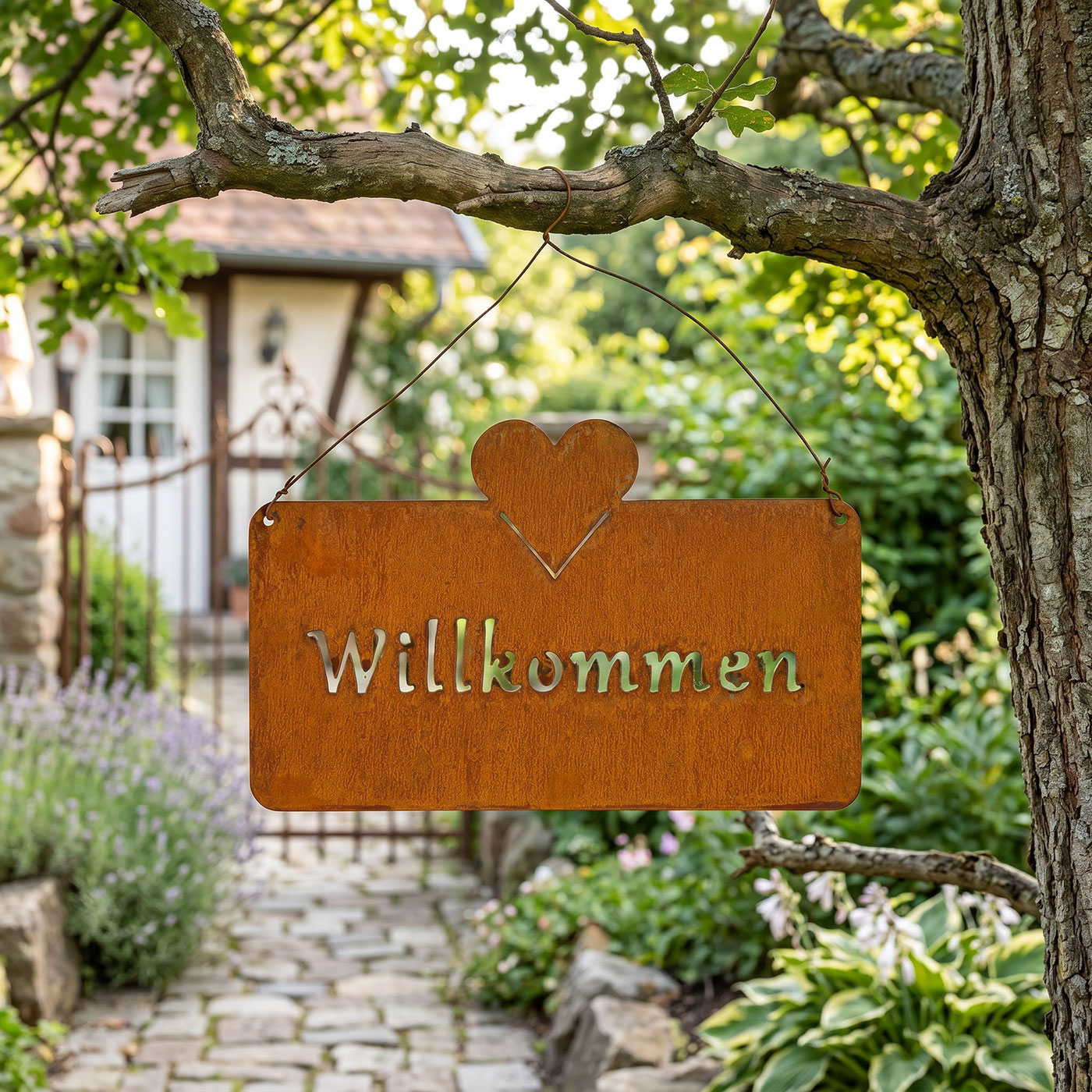 Willkommen Türschild Rost 25x16cm Gartendeko Eisen Hängeschild Gartenschild Herz