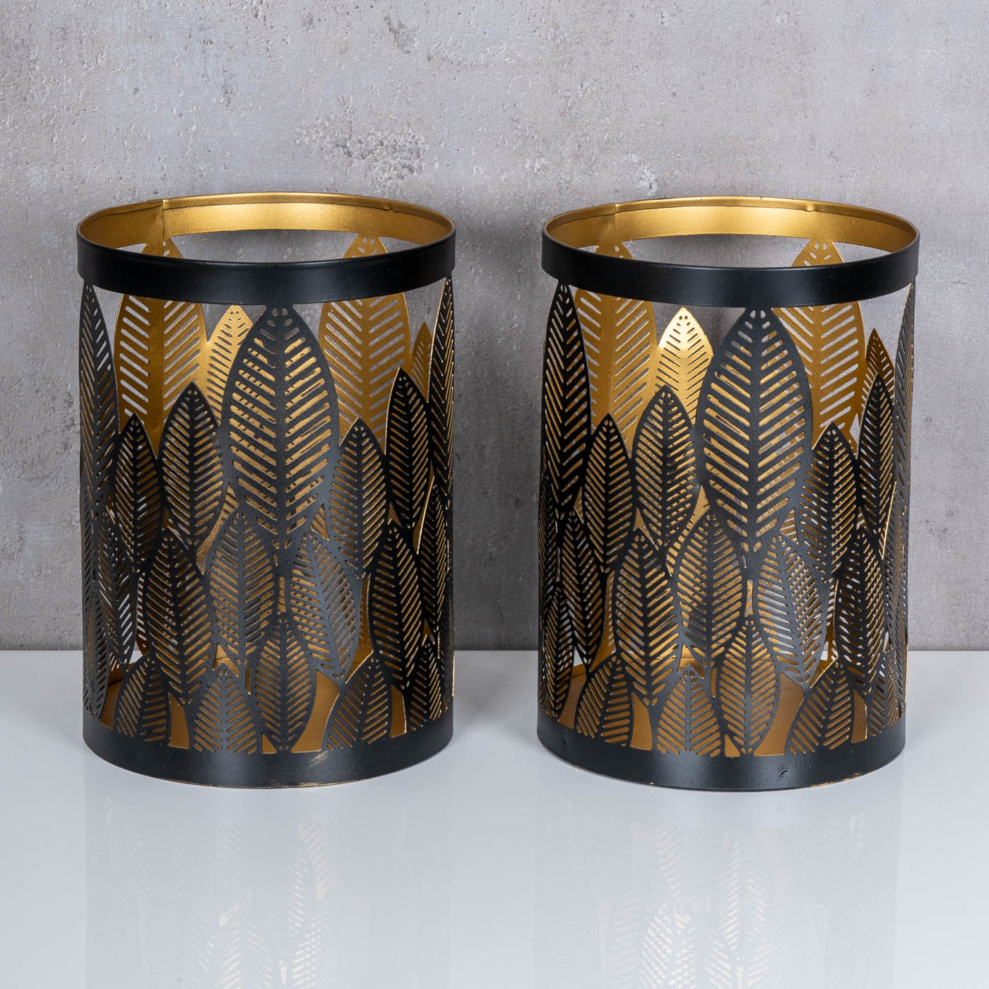 2er Set Windlicht 13x18cm Schwarz Gold Metall Teelichthalter Blattdekor Tischdeko