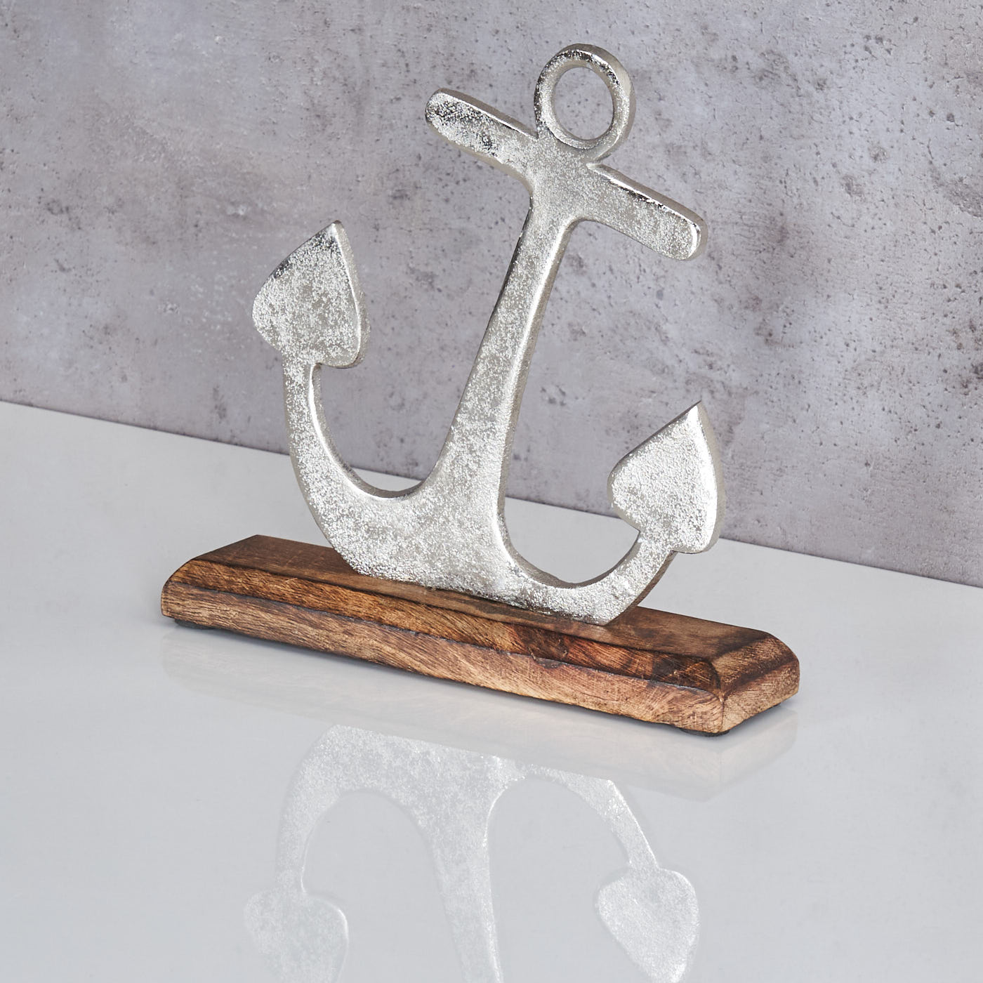 Anker Skulptur 18x22cm Silber Mango Holz Tischdeko Geschenk Aufsteller Maritim